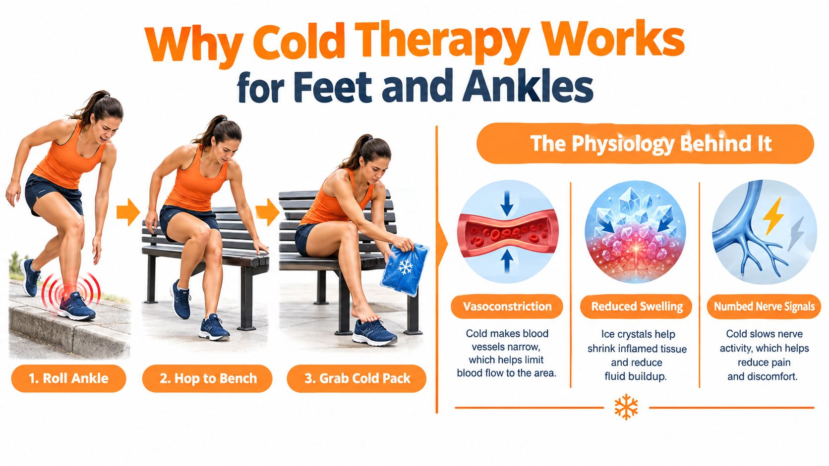 An infographic showing a woman treating a rolled ankle with cold therapy and the physiological benefits.