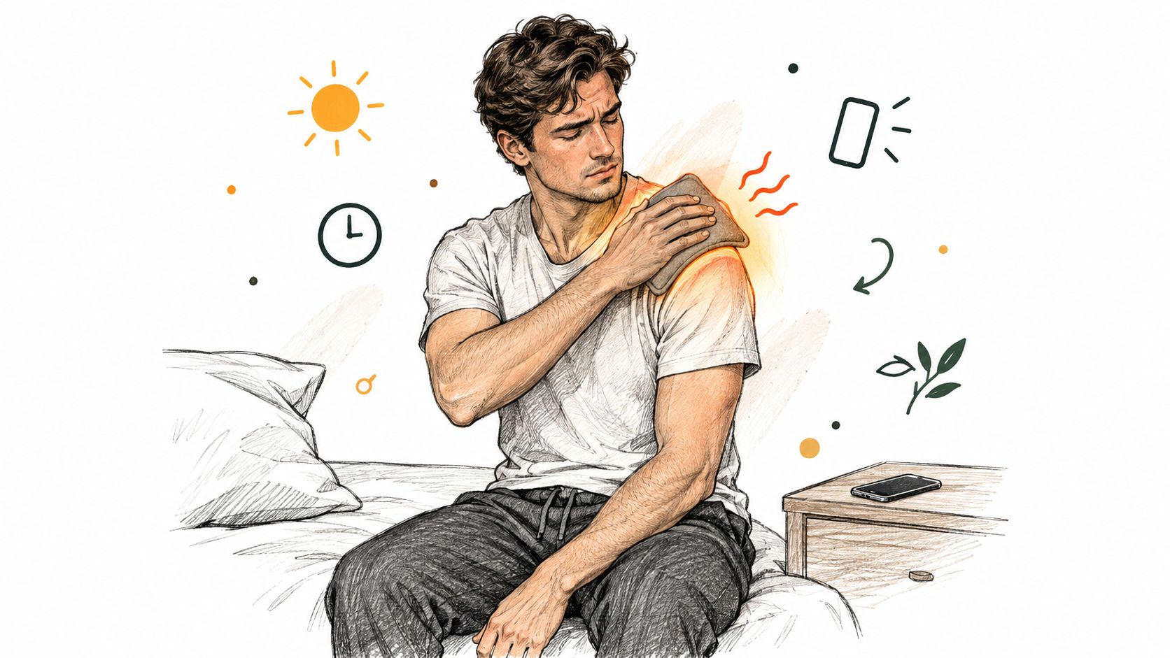A man sitting on a bed applying a warm compress to his shoulder to relieve muscle pain.