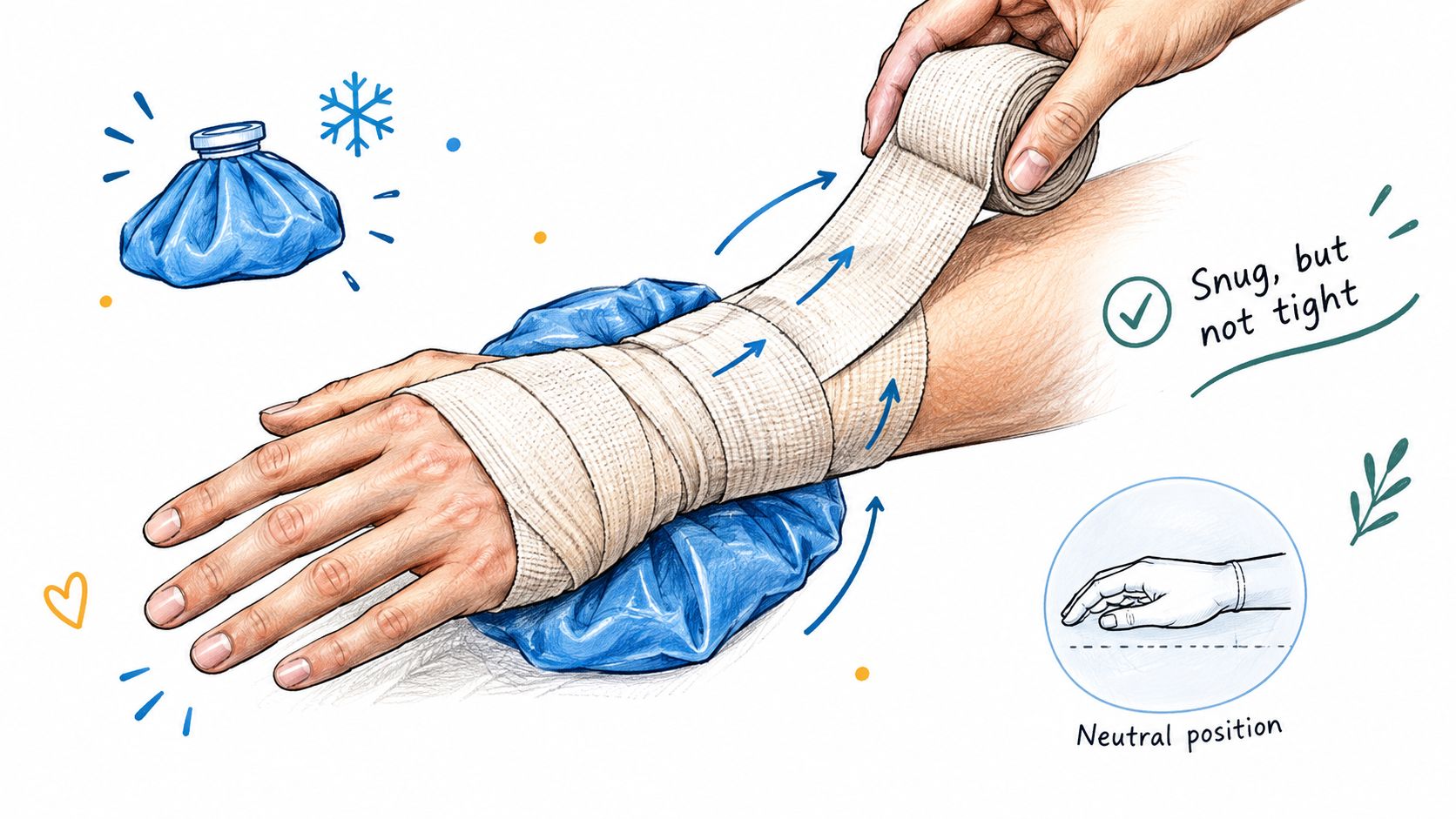 A medical illustration showing a hand bandaged with an ice pack placed under the wrist for pain relief.