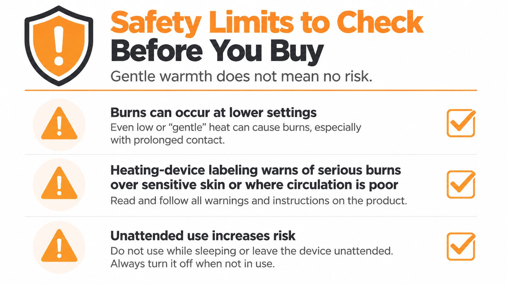 A safety infographic titled Safety Limits to Check Before You Buy, highlighting risks associated with heating devices.