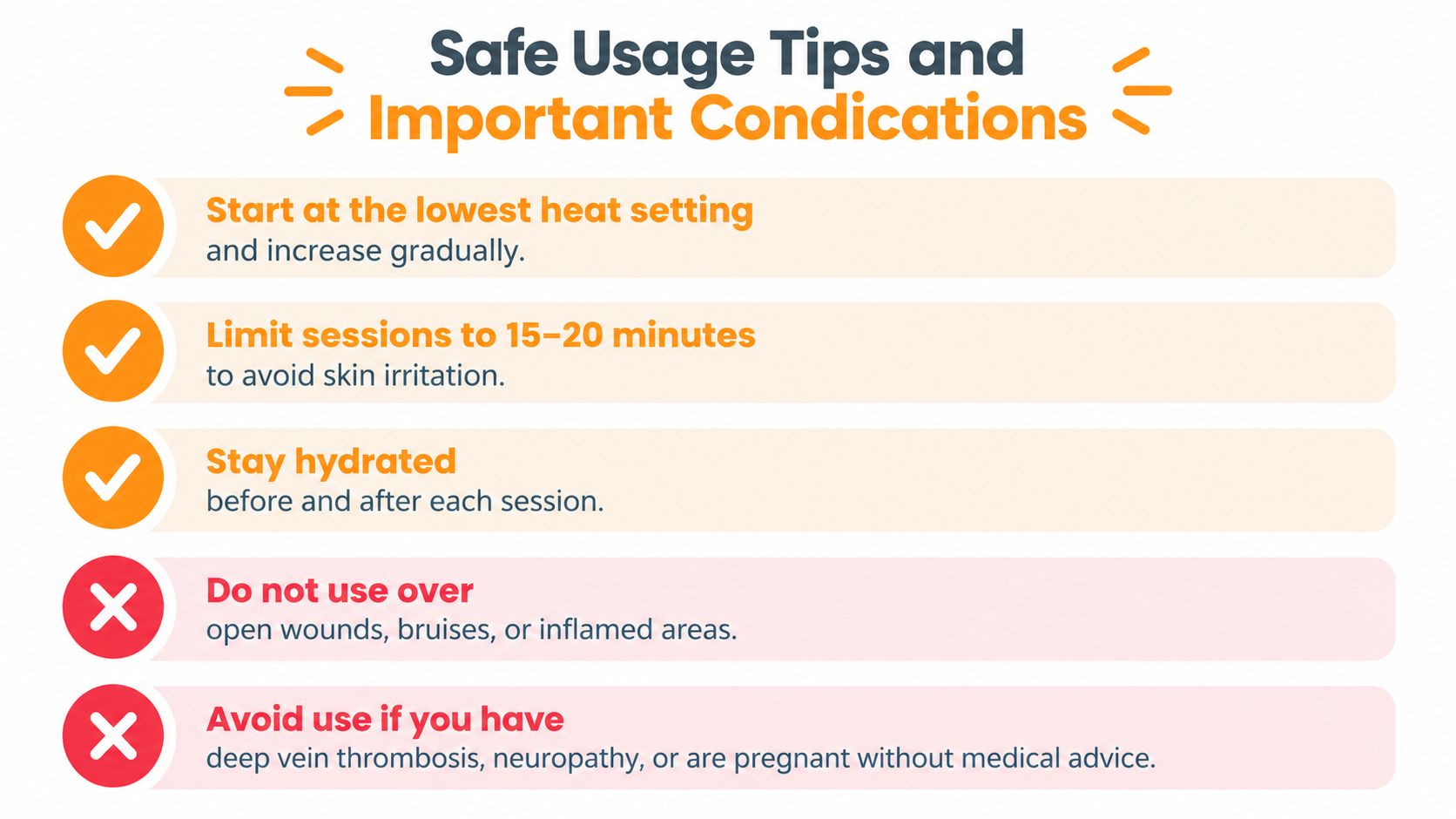 A safety infographic showing tips for using a heated device, including hydration and usage precautions.