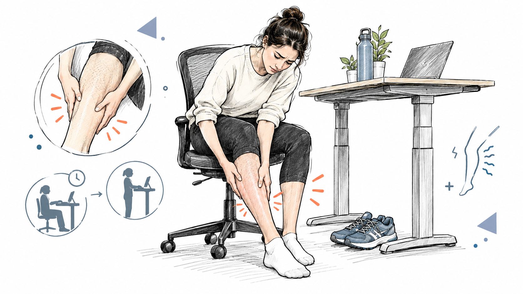 A woman experiencing leg pain while sitting at her standing desk, illustrating the need for circulation relief.