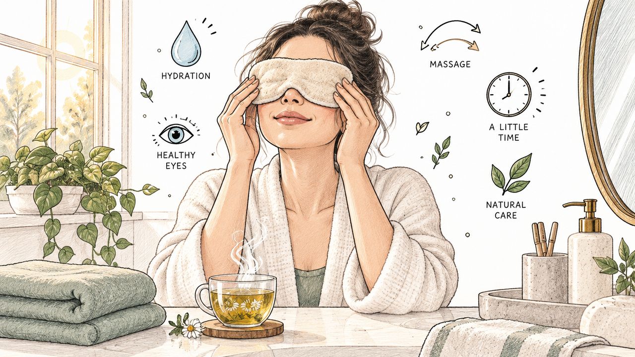 A woman in a bathrobe relaxing with a warm eye compress in a peaceful, spa-like bathroom setting.