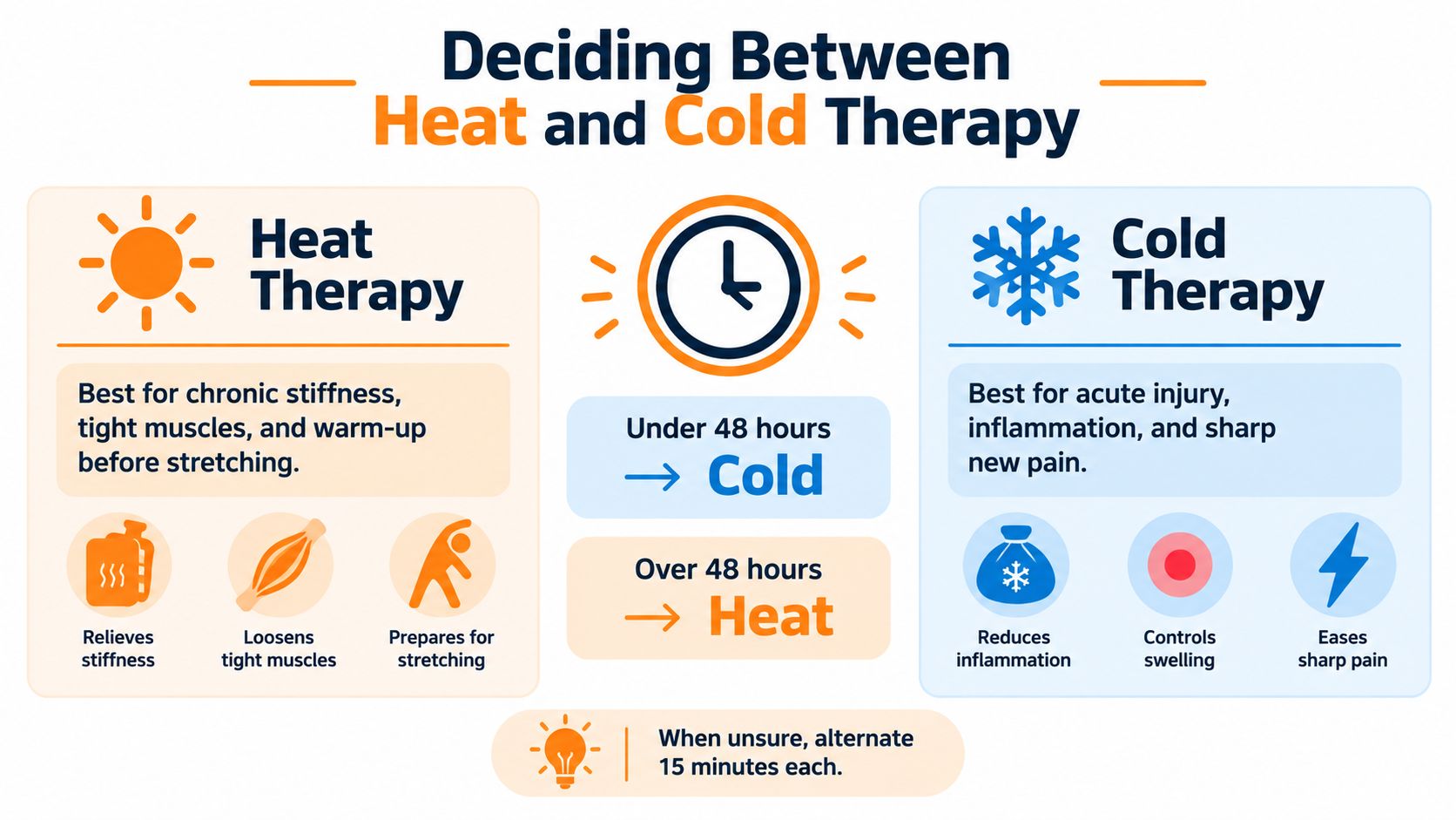 An infographic showing when to use heat versus cold therapy for injury, stiffness, and pain relief.