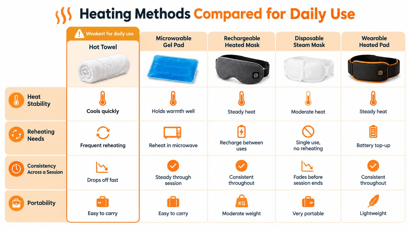 A comparison chart highlighting the pros and cons of five common heating methods for daily use.