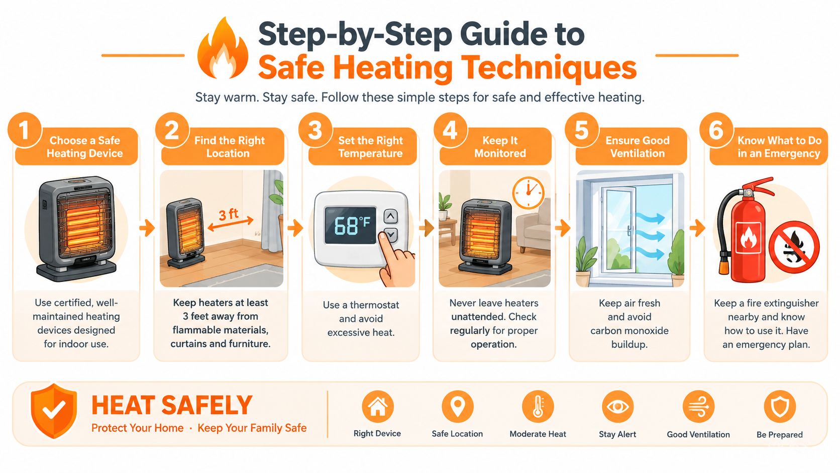 An infographic titled Step-by-Step Guide to Safe Heating Techniques showing six steps for using indoor space heaters safely.