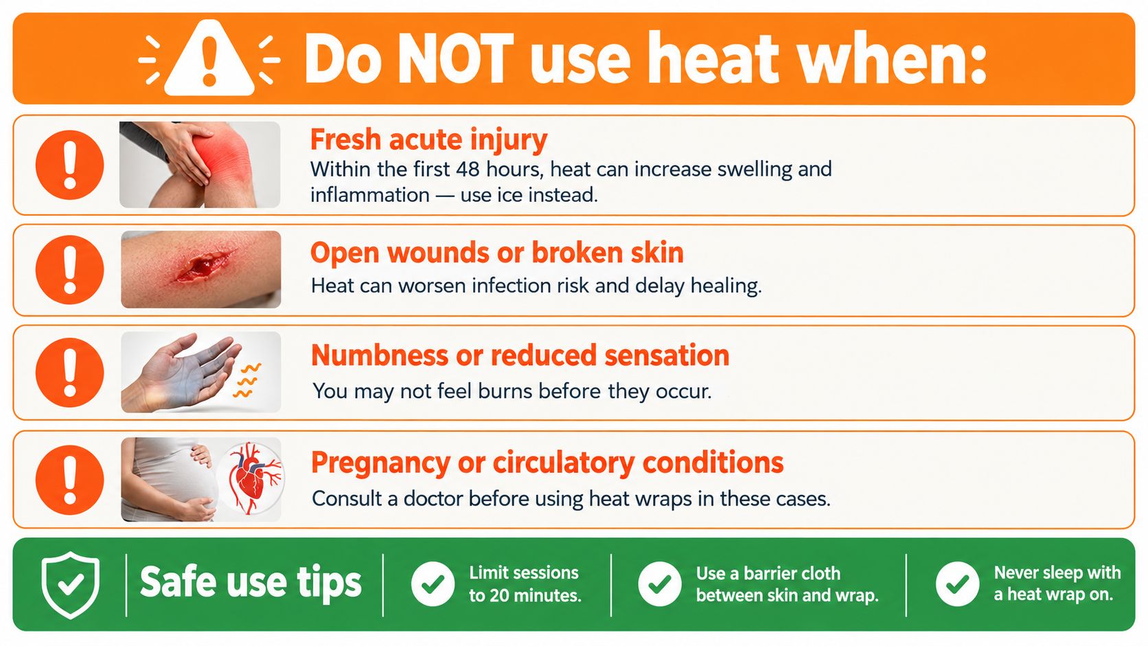 A safety infographic illustrating conditions where heat therapy should not be used, alongside safe usage tips.