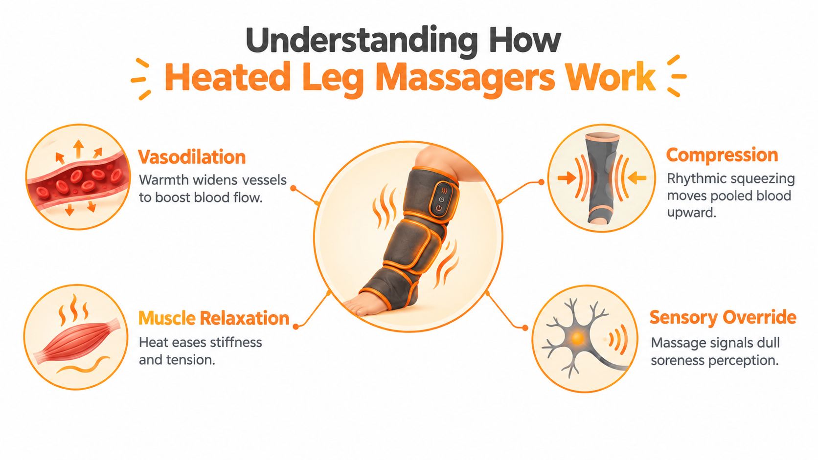 A diagram explaining how a leg massager with heat functions through vasodilation, compression, muscle relaxation, and sensory override.