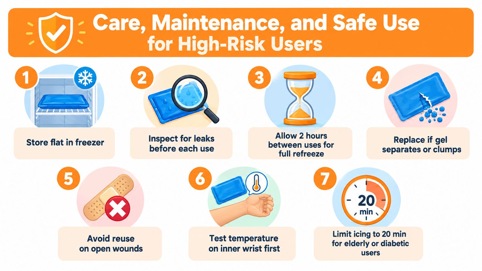 An instructional infographic demonstrating seven safety and maintenance tips for using a reusable cold gel ice pack.