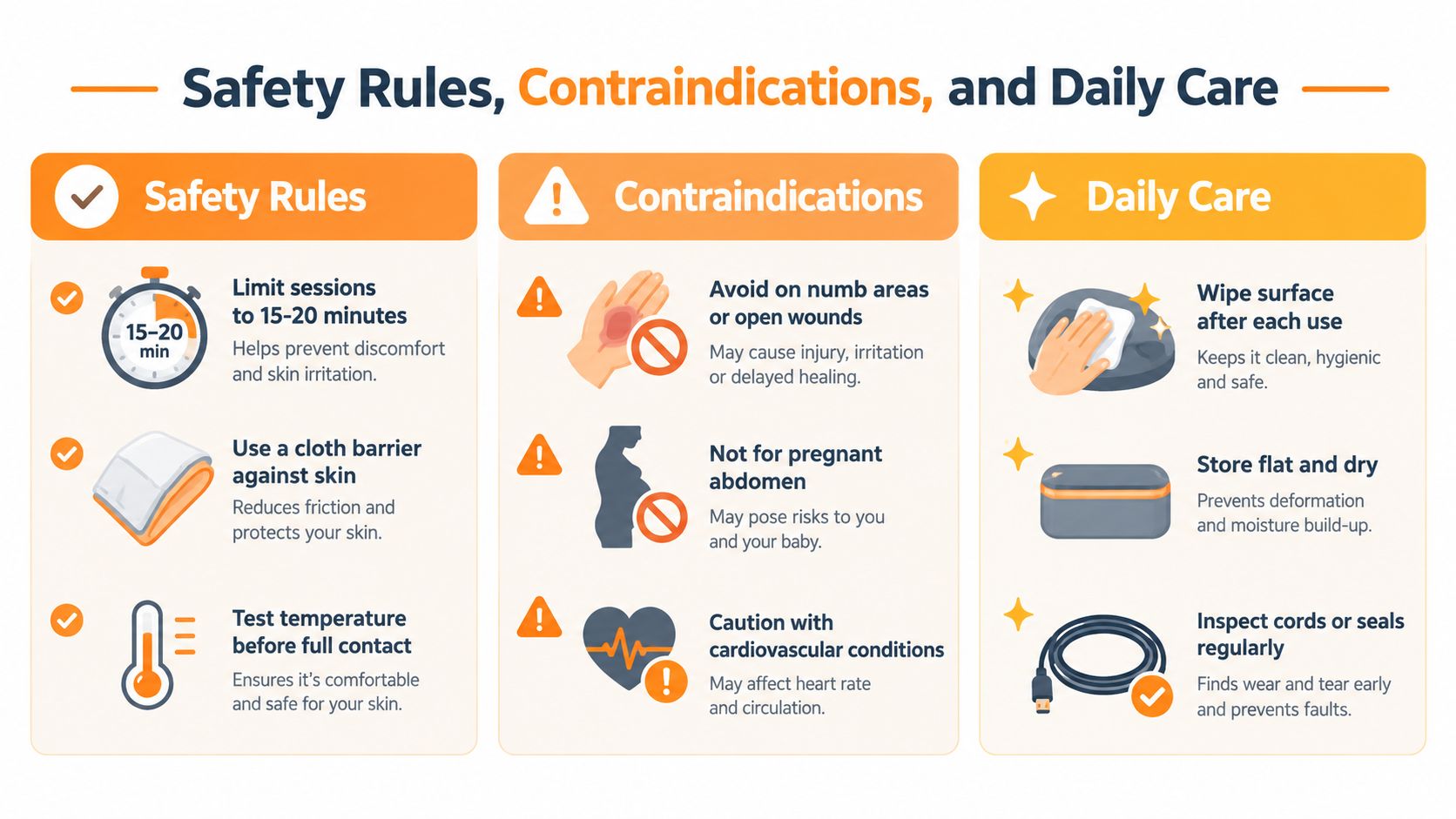 A safety infographic for a back massage heat pad featuring tips, contraindications, and daily maintenance instructions.