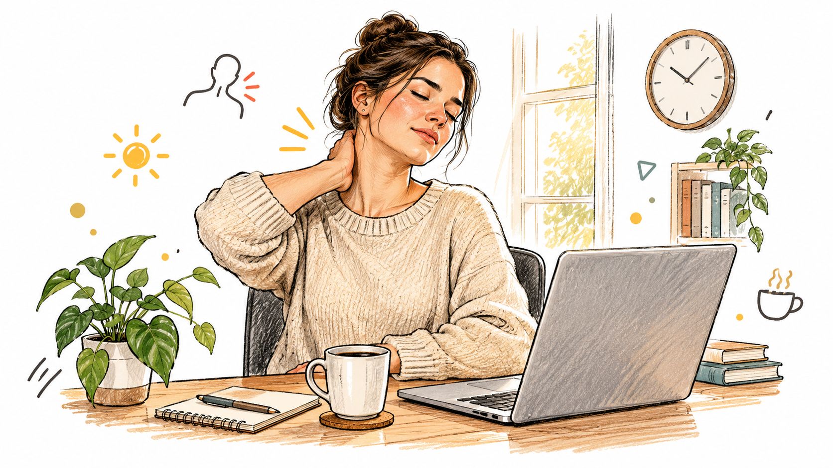 A woman at her workspace, rubbing her neck in pain while using her laptop, illustrating neck discomfort.