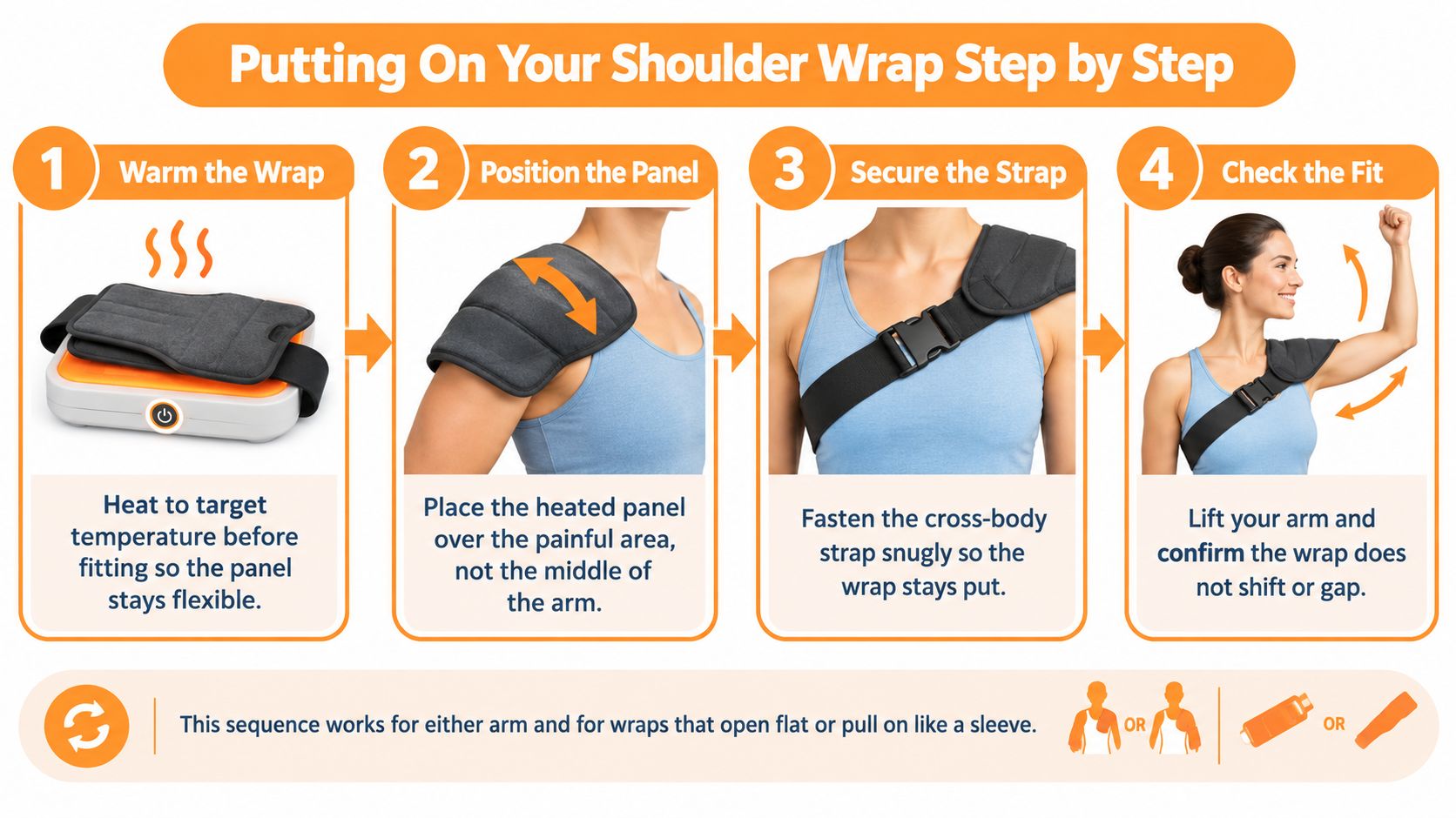 A four-step infographic illustrating how to properly heat, position, secure, and check the fit of a shoulder wrap.