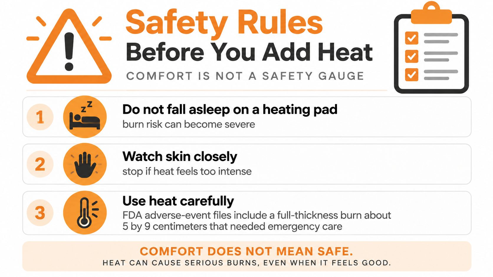 An infographic titled Safety Rules Before You Add Heat, warning about potential burns from using heating pads.