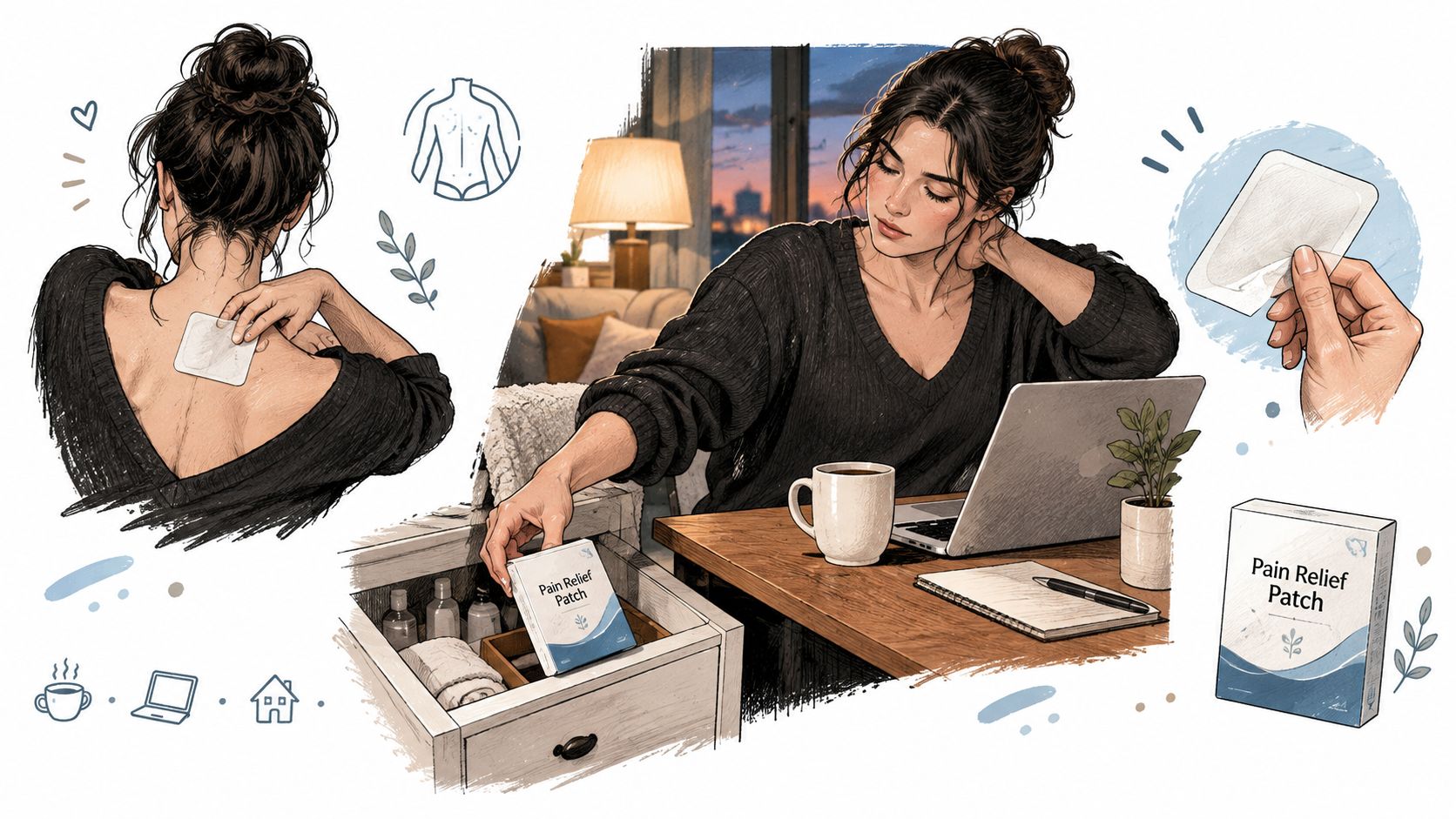 A woman applying a pain relief patch on her back while working at her home office desk.