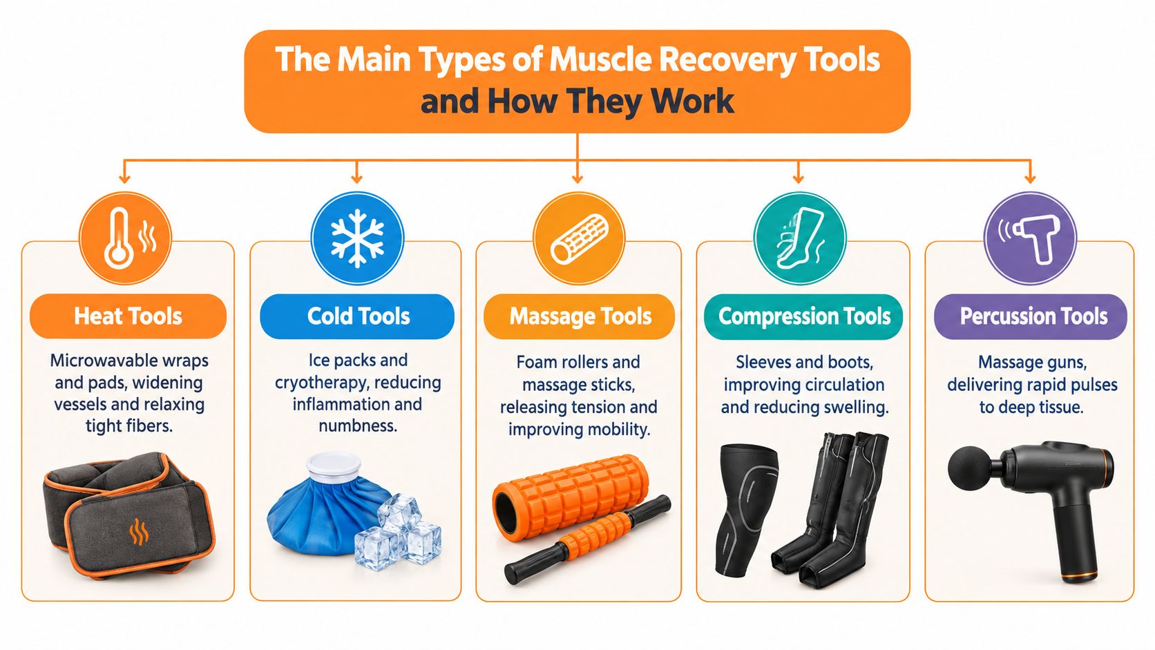 A diagram illustrating the five main types of muscle recovery tools, including their names and functions.