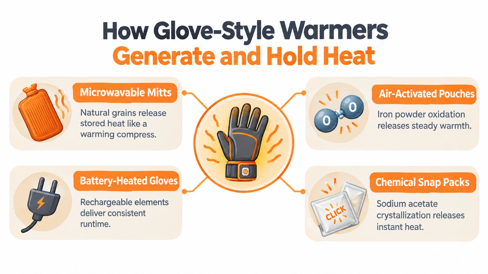 An infographic detailing four different types of glove-style hand warmers and how they generate and hold heat.