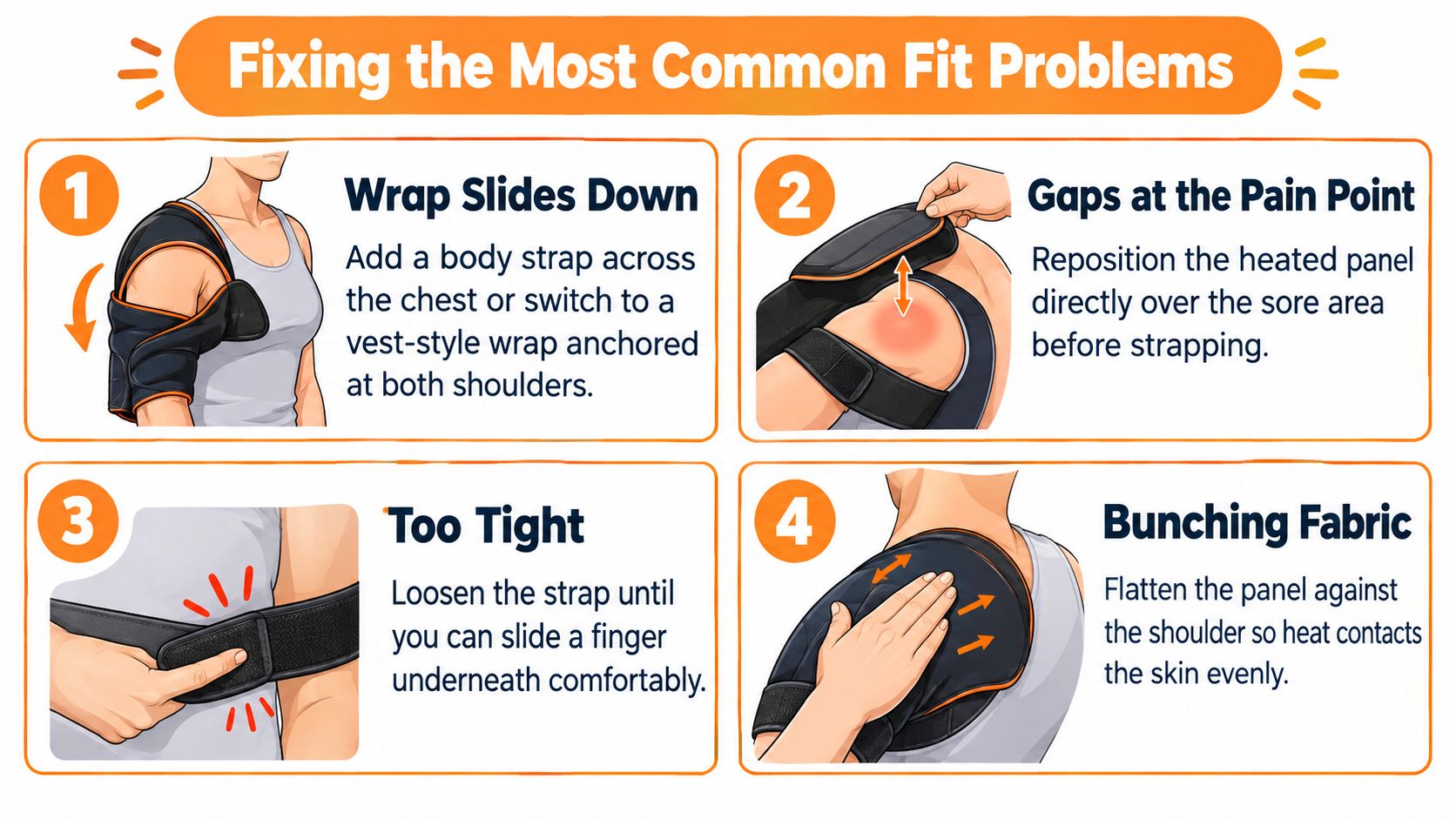 An instructional graphic showing four tips to fix common fit problems when wearing a shoulder heating wrap.