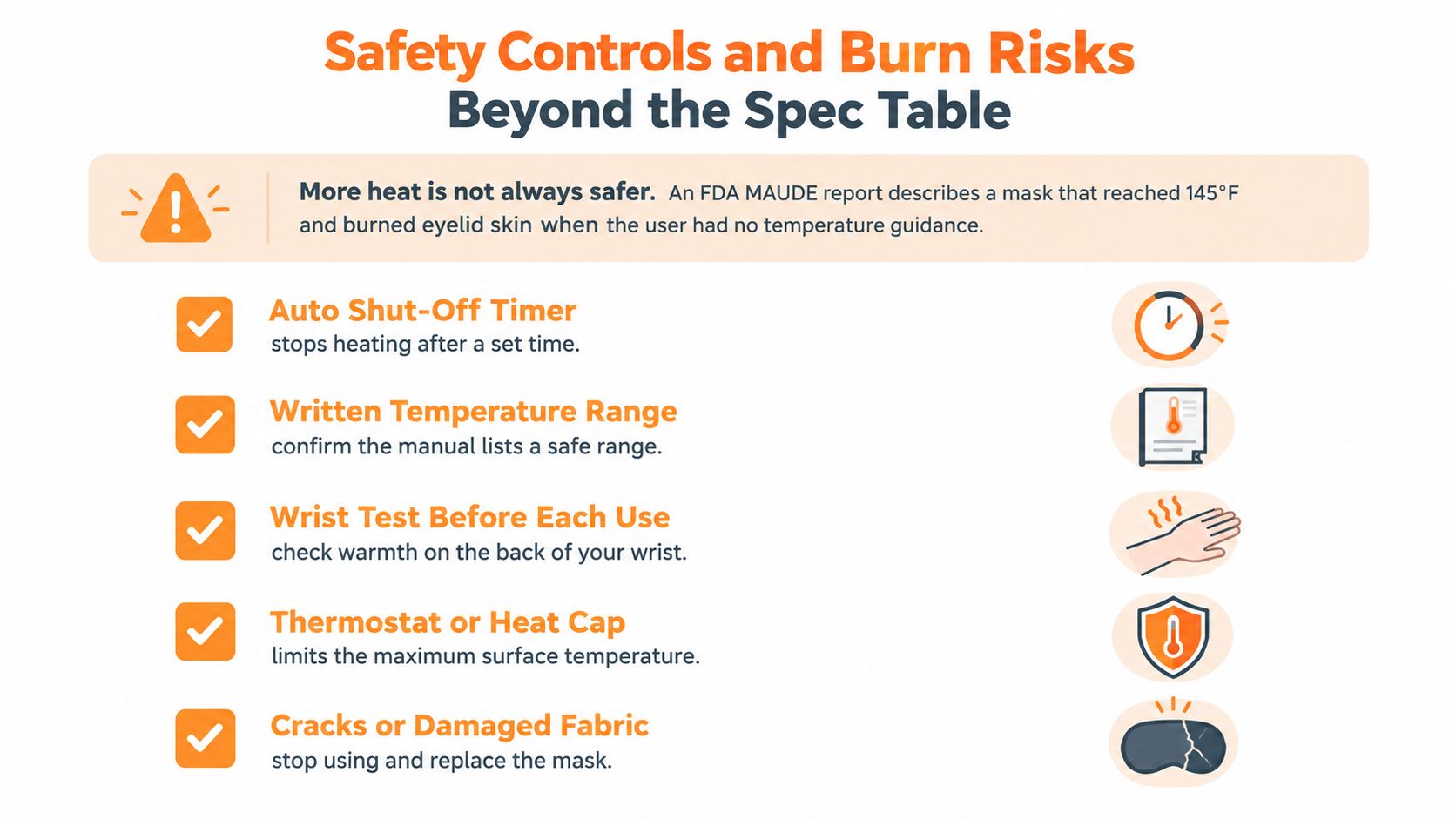 A safety infographic titled Safety Controls and Burn Risks, providing tips on using heated eye masks safely.