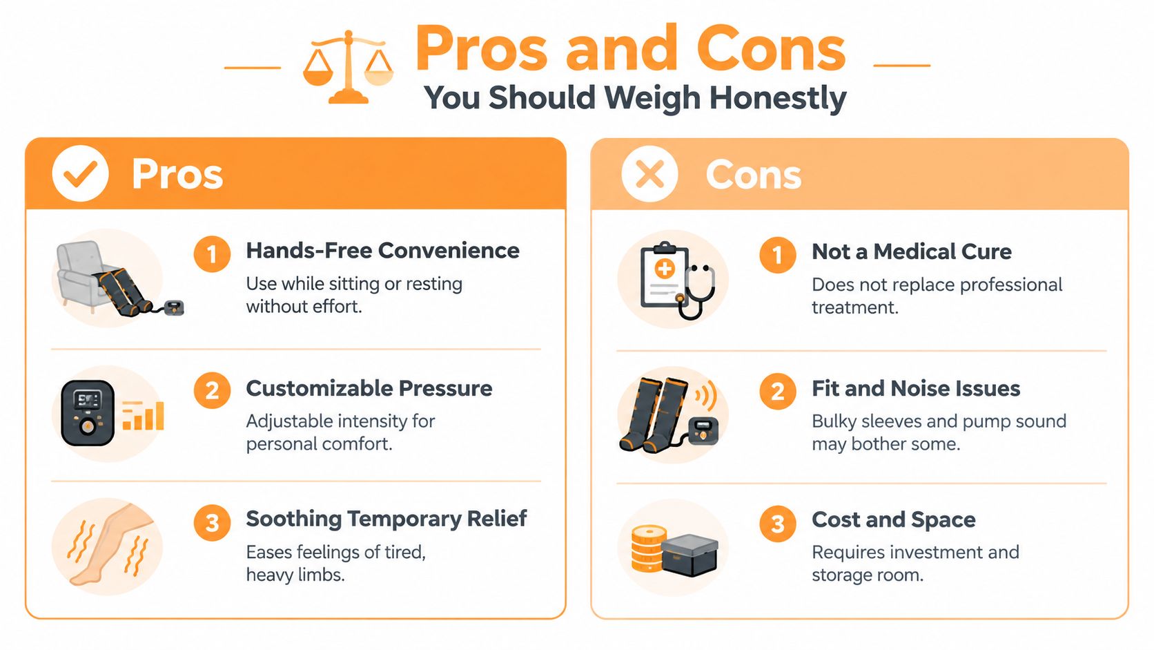 A comparison chart highlighting the pros and cons of using a leg air compression massager device.