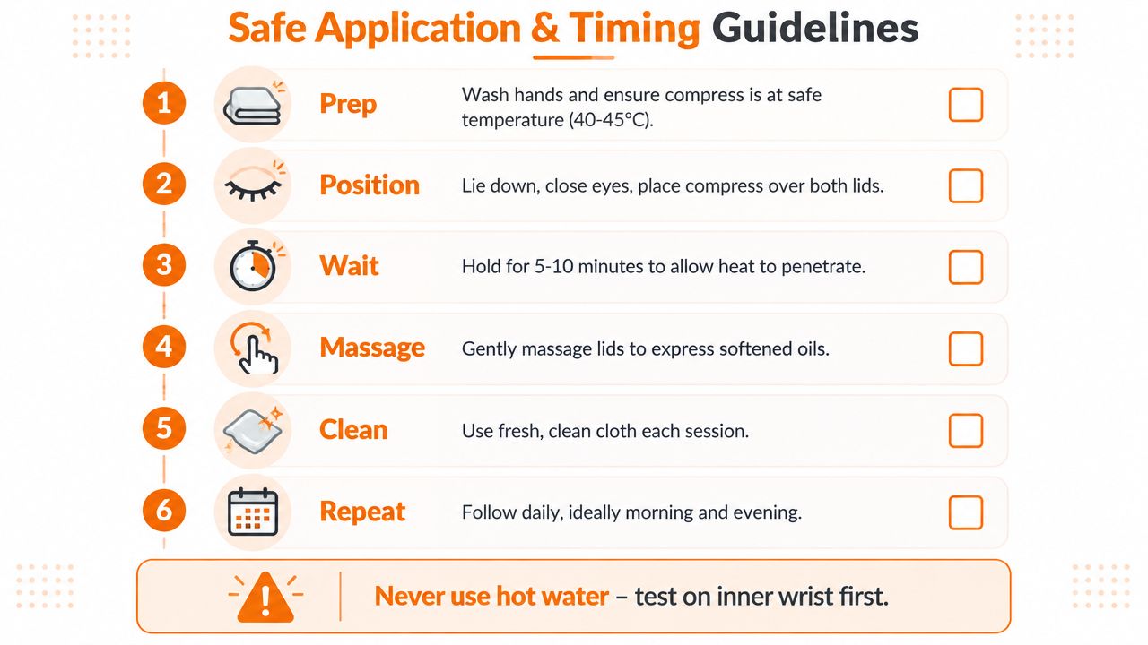 A six-step guide for the safe application and timing of using a hot compress for eyes.