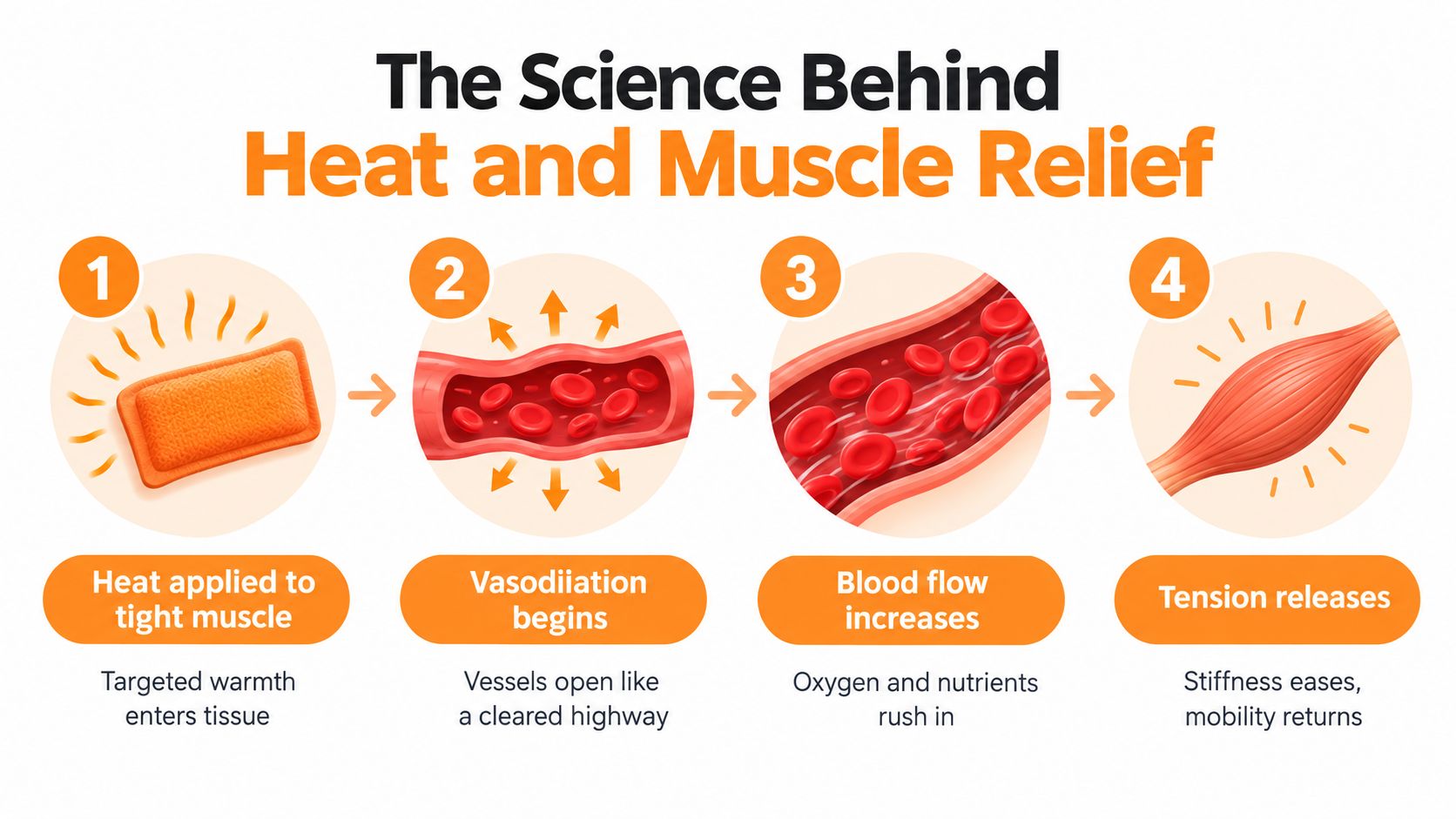 A four-step infographic illustrating how heat therapy increases blood flow to relieve tight muscles.