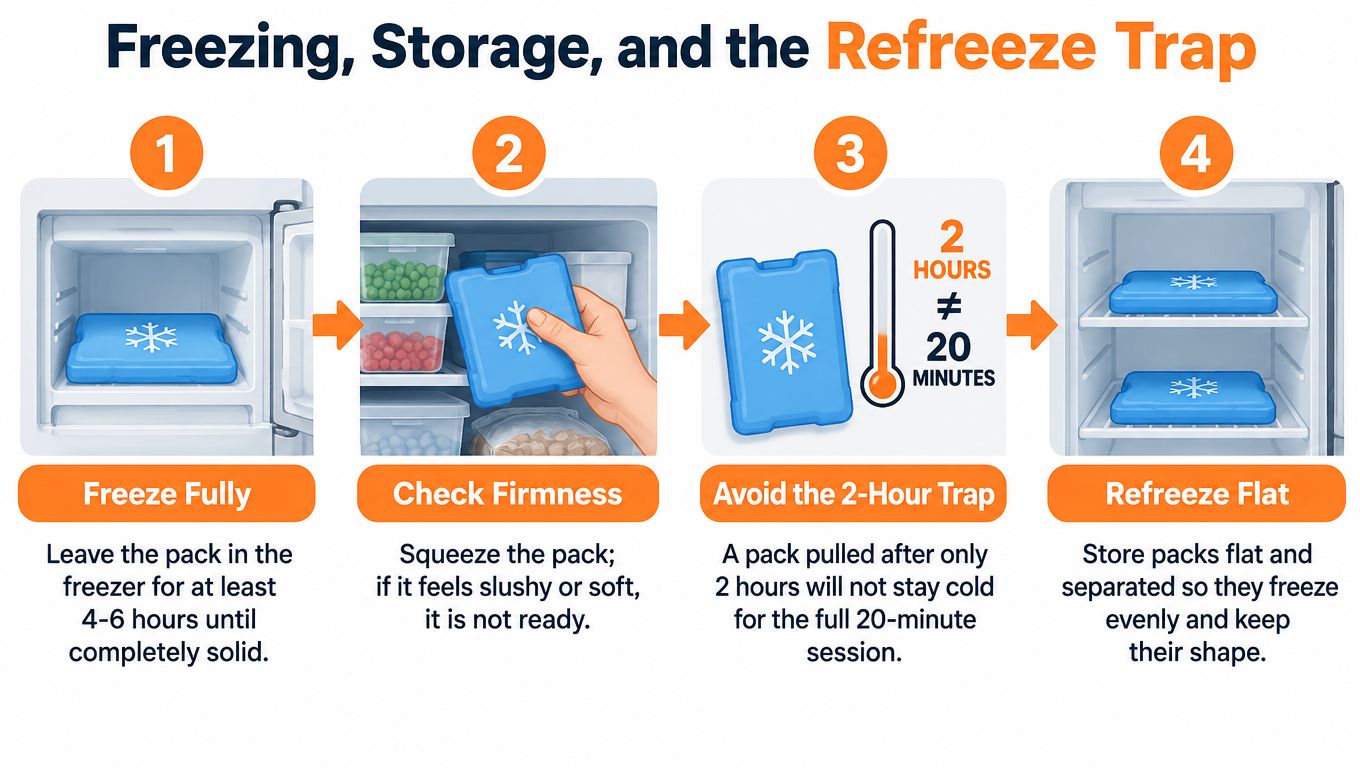 An infographic illustrating four steps for properly freezing and storing gel ice packs for cold therapy.