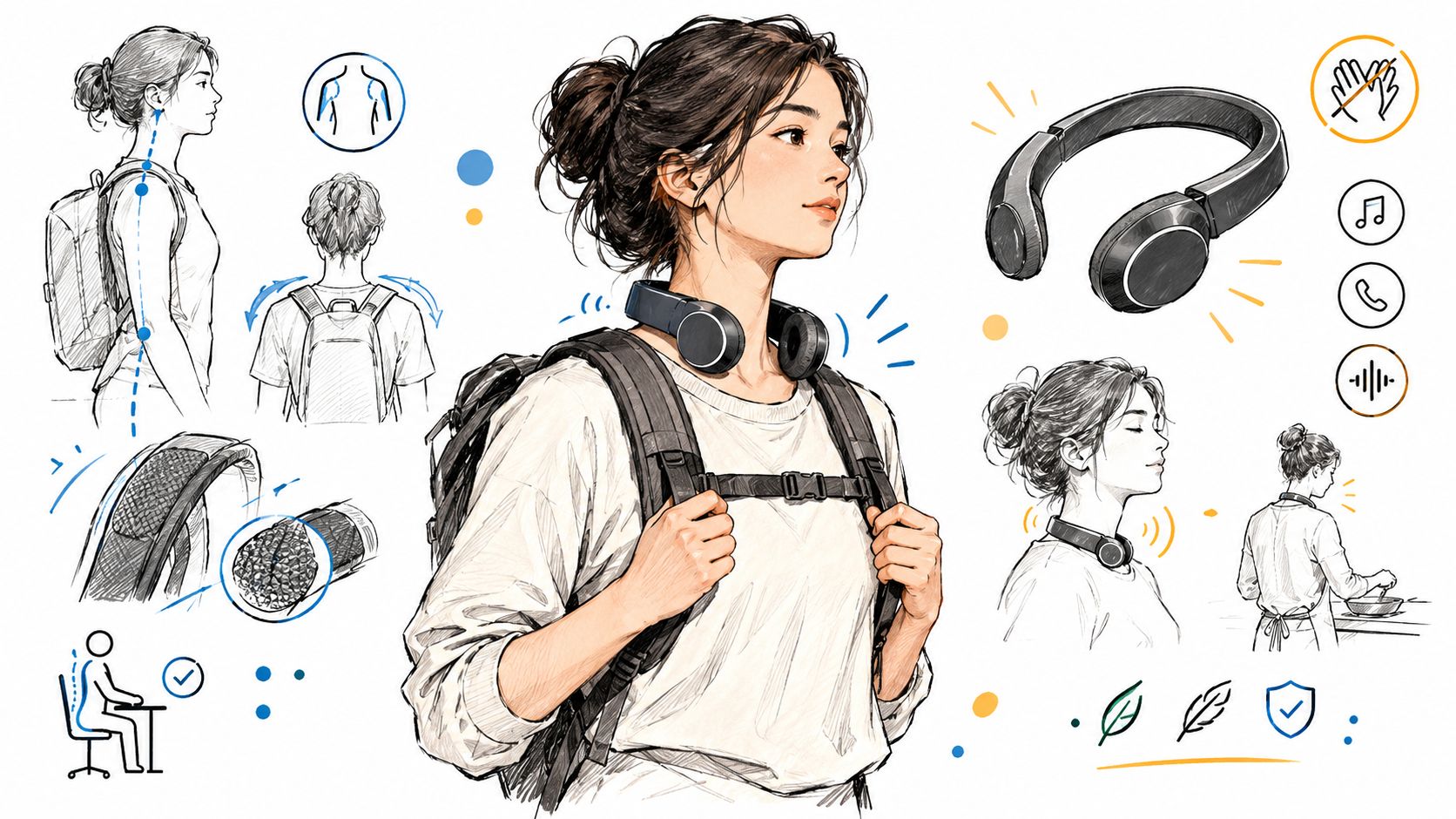 A woman wears a neck cooling device while hiking, featuring diagrams of ergonomic design and usage scenarios.