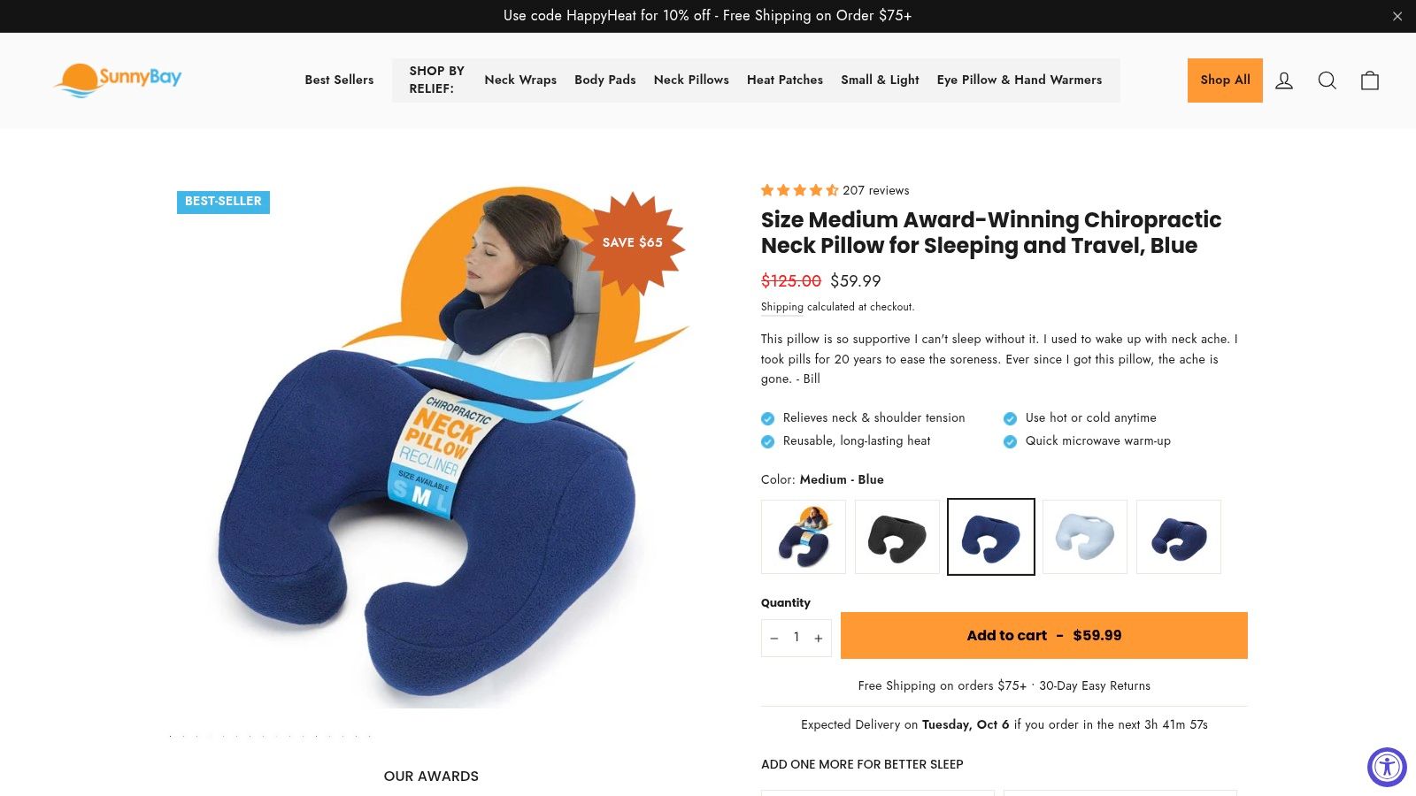 Award-Winning Chiropractic Neck Pillow for Sleeping and Travel, Blue (Medium – Fits Most People)