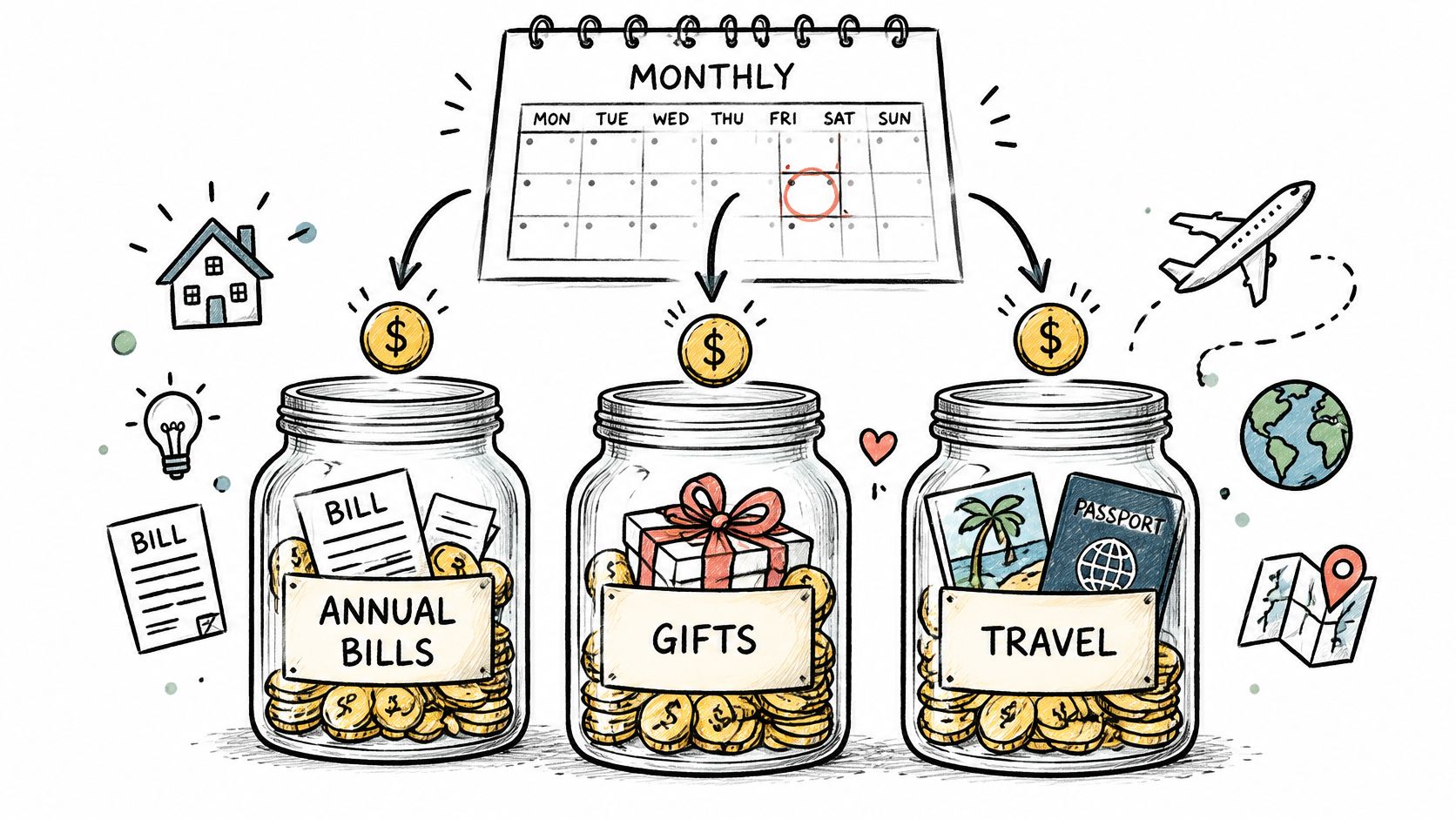 A hand-drawn illustration showing a monthly calendar budget being split into three glass jars for bills, gifts, and travel.