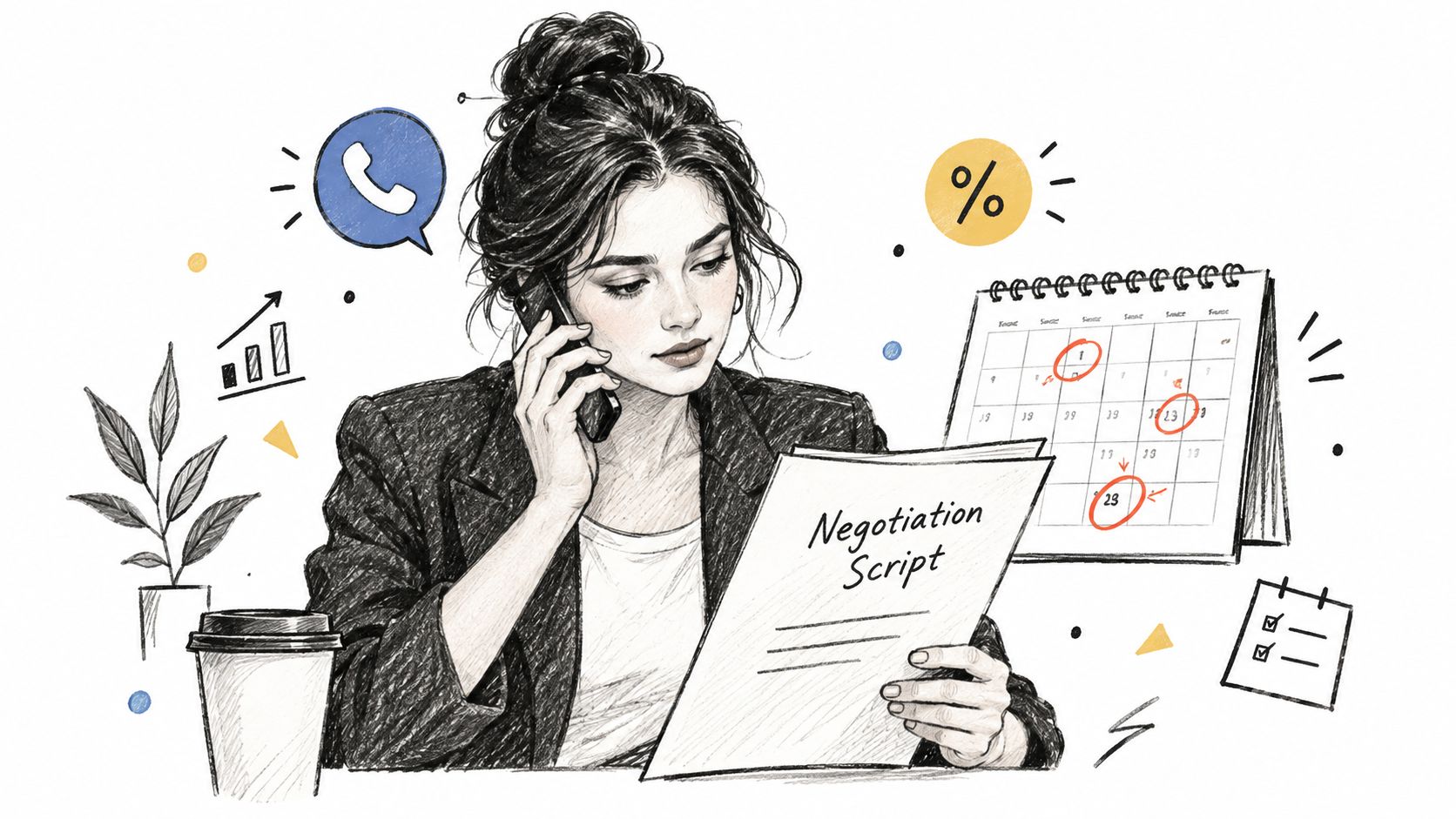 A professional woman in a business suit reviewing a negotiation script while talking on her phone.