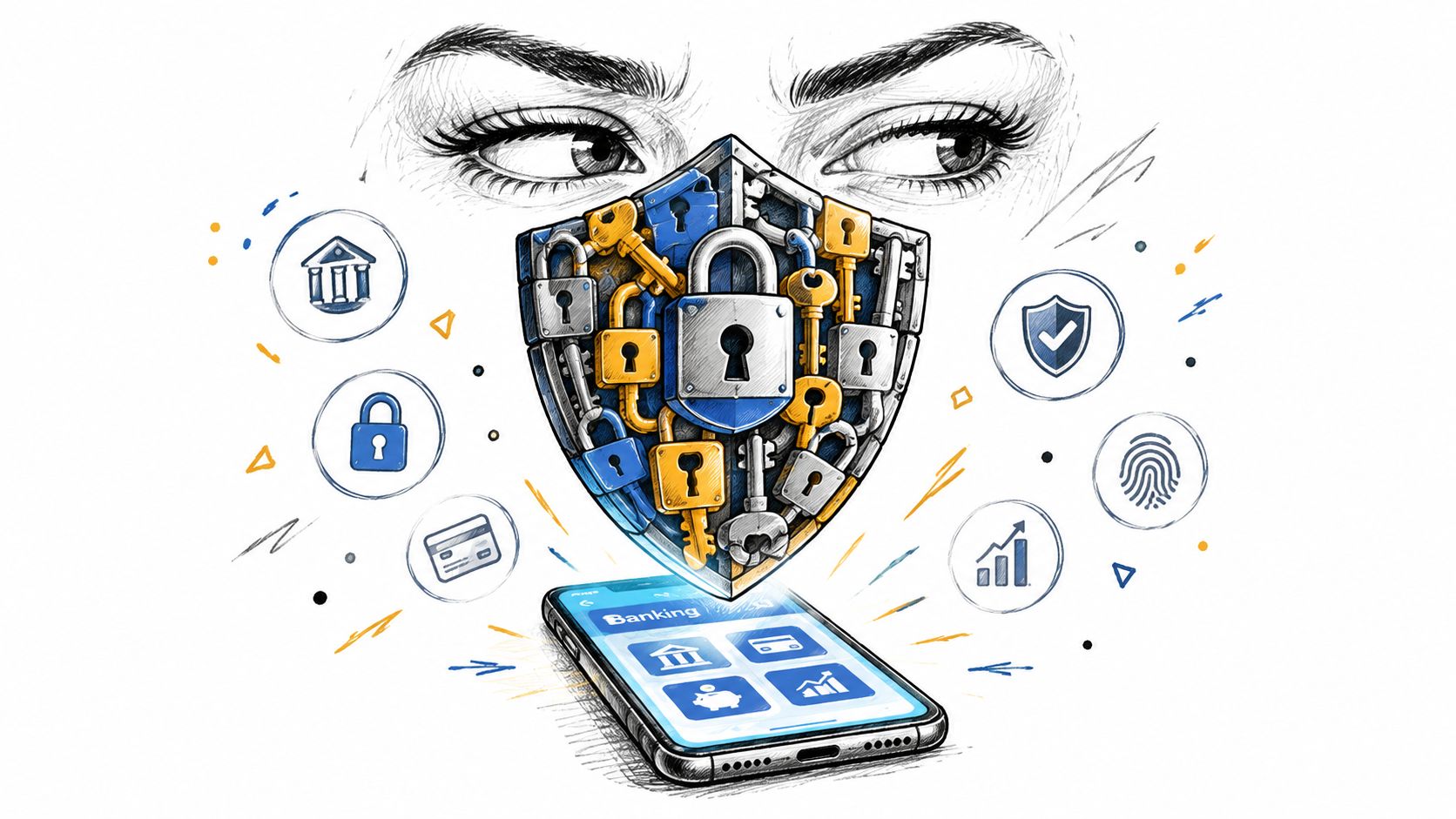 A digital illustration showing a secure mobile banking app protected by a shield with keys and padlocks.