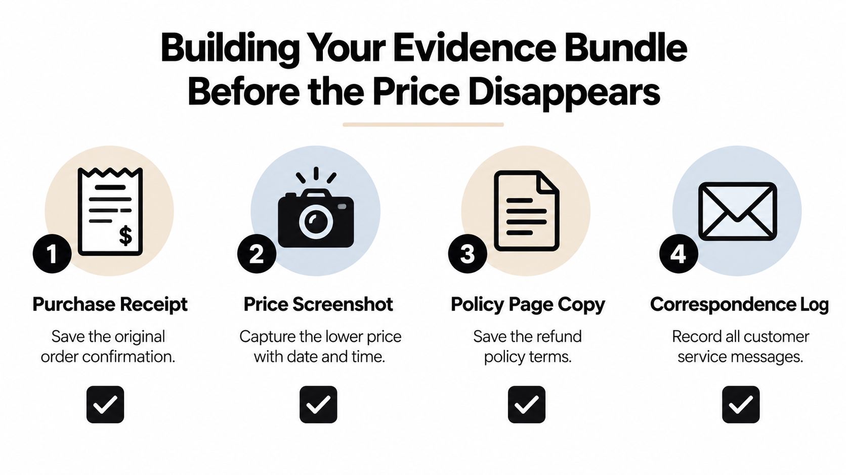 An infographic showing four steps to gather evidence for a price drop refund claim.