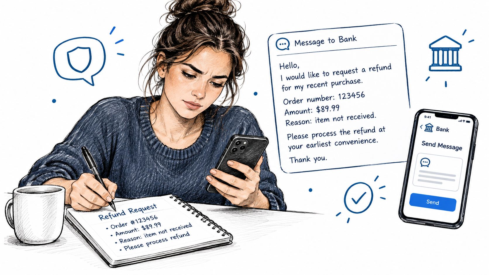 A woman writing a refund request note while looking at her smartphone to send a bank message.
