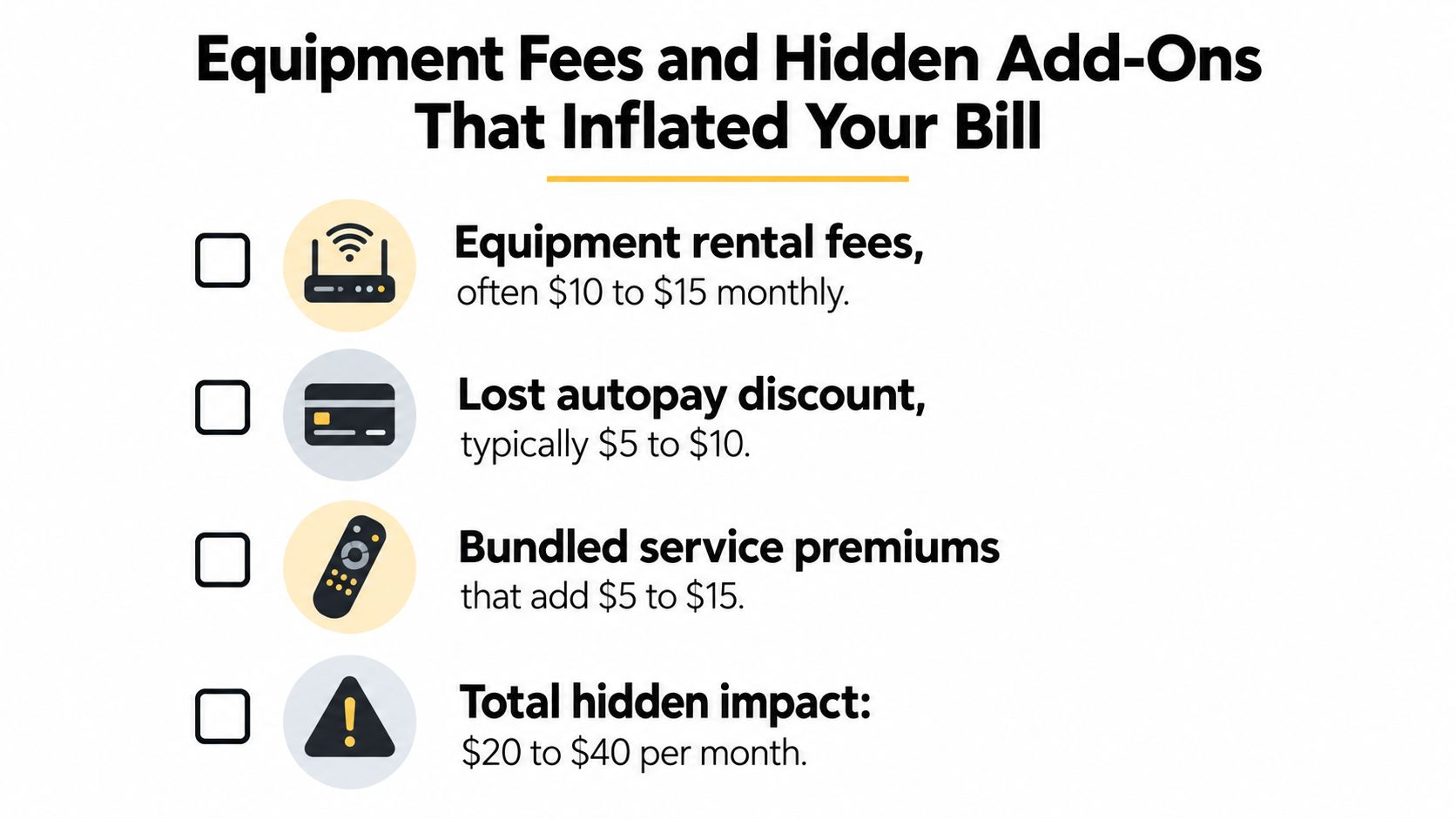 A list graphic highlighting common hidden fees and surcharges that increase monthly internet and cable bills.