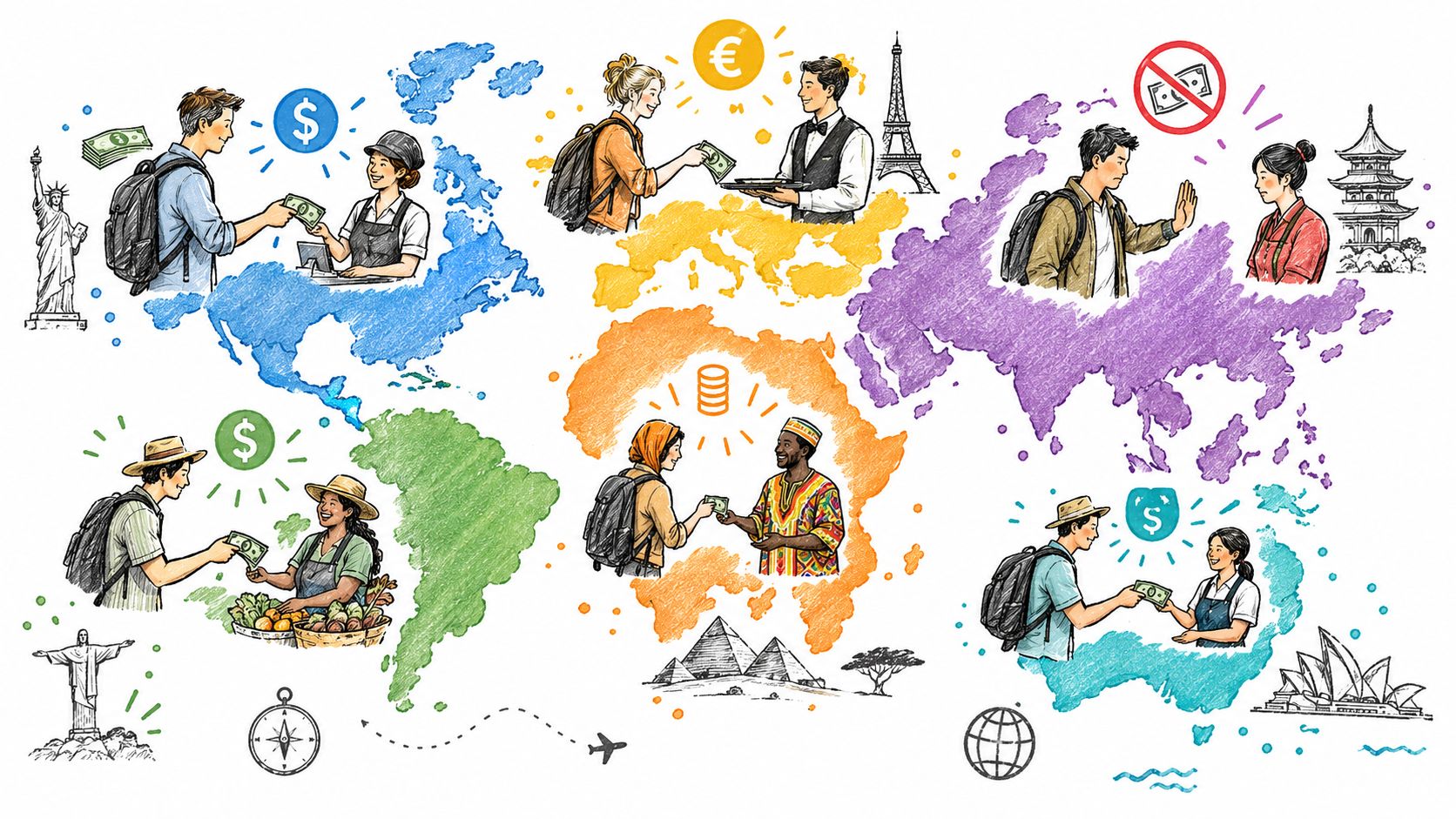 A colorful map illustration showing travelers paying with cash in different global regions and tipping cultures.