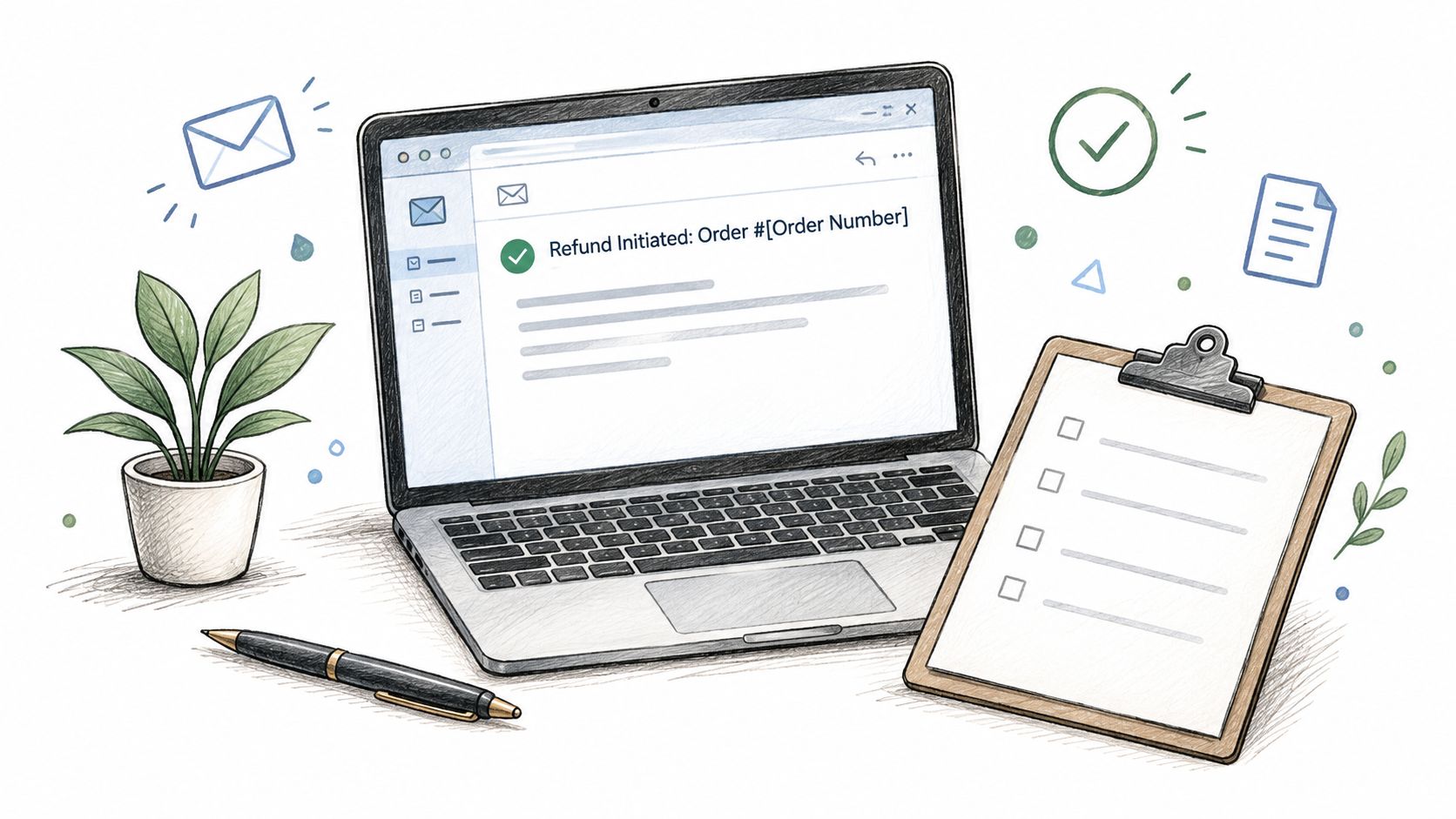 A digital illustration showing a laptop displaying a refund confirmation email next to a clipboard and plant.