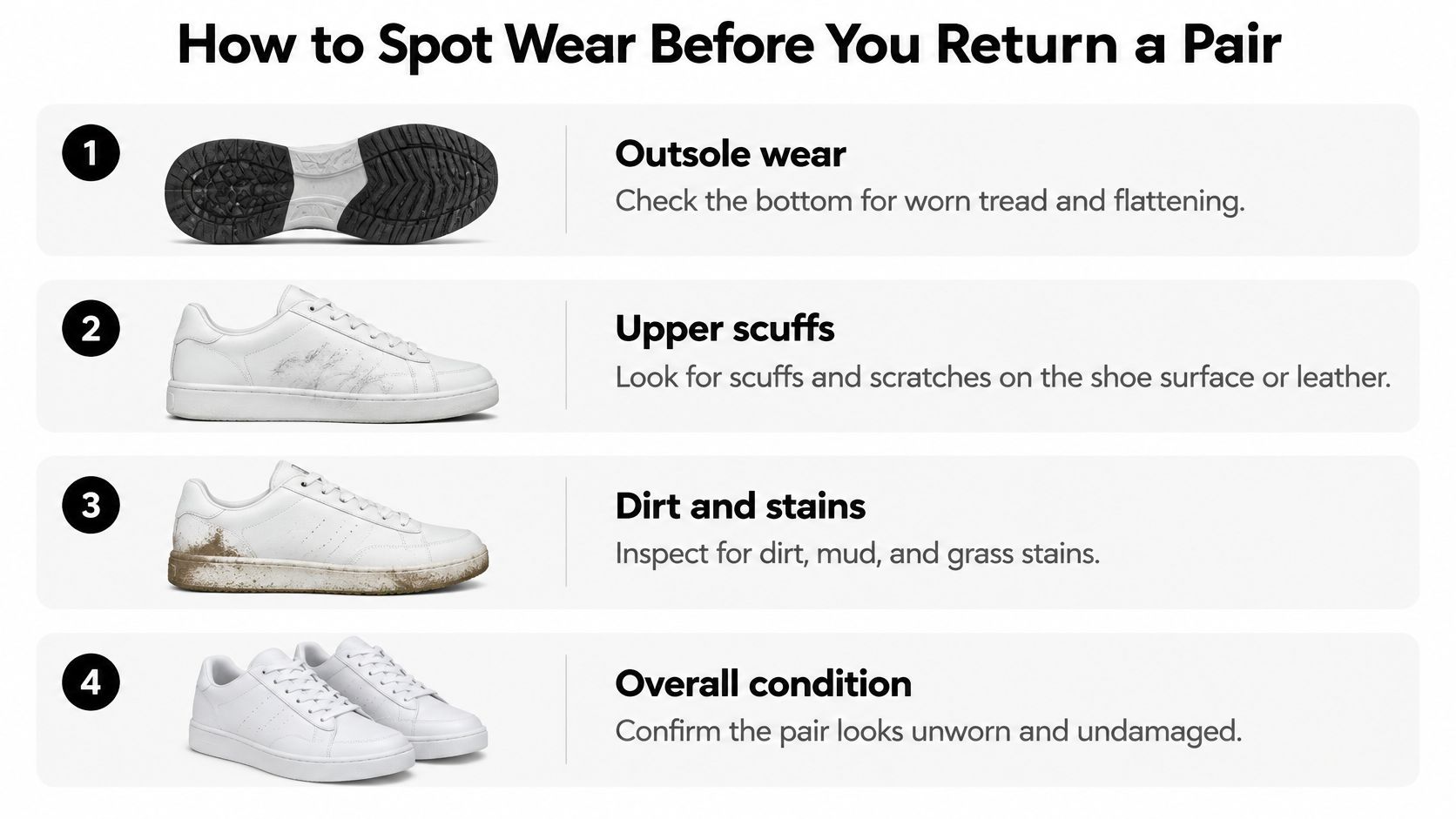An infographic showing four criteria for inspecting shoes for wear and tear before returning them to the store.