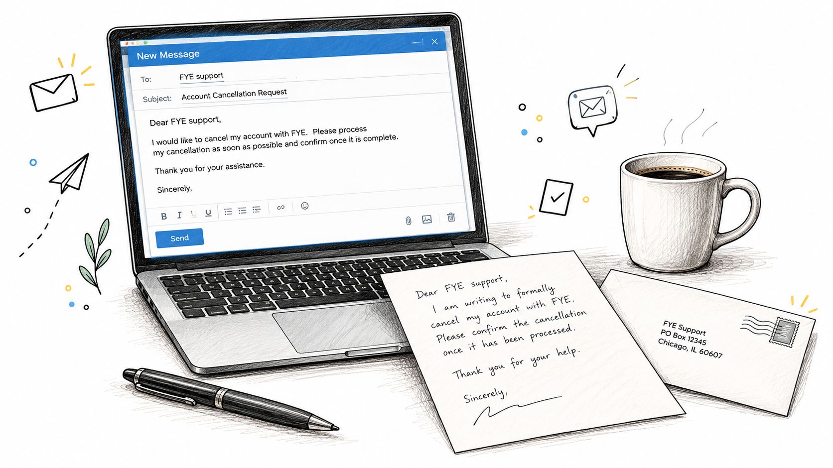 A digital sketch showing a laptop with an email cancellation draft next to a handwritten letter and coffee.