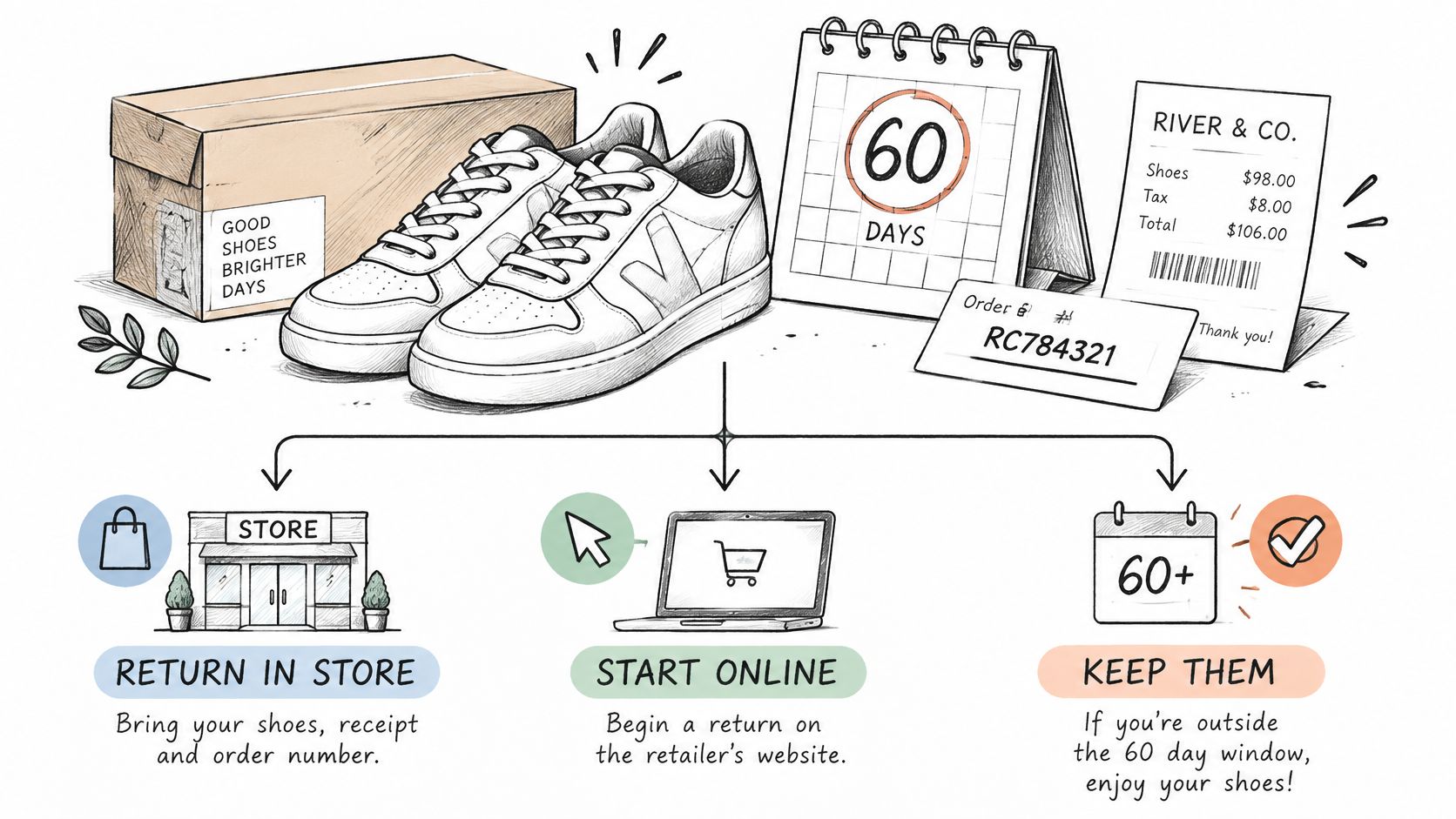 A diagram illustrating the DSW return policy options, including returning in-store, starting online, or keeping the shoes.