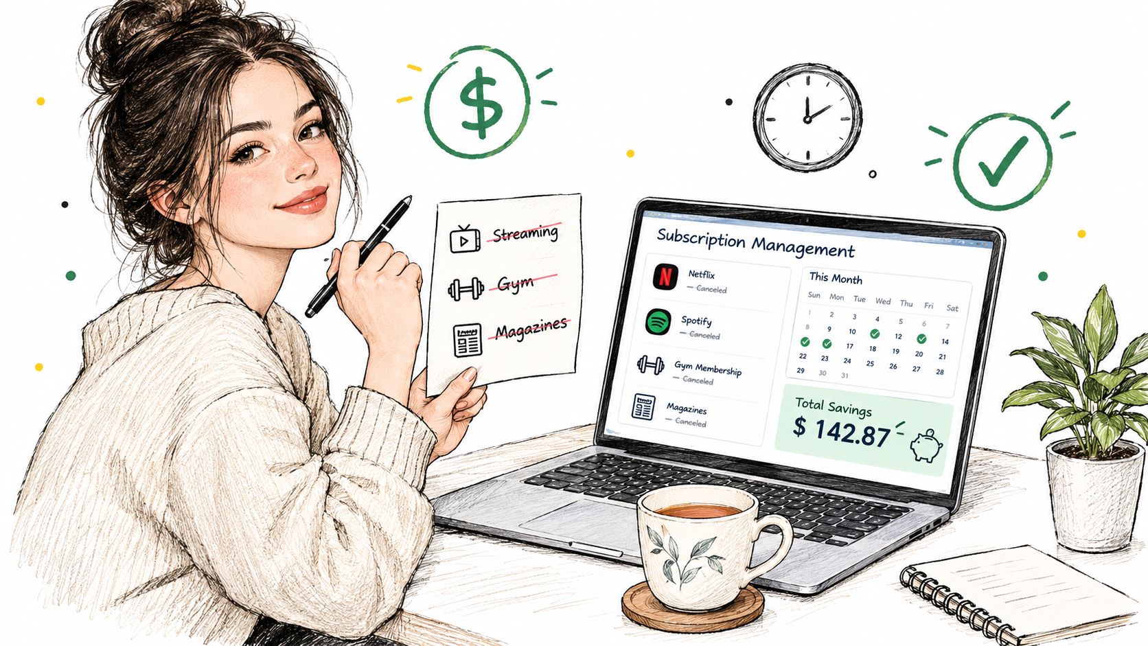 A woman managing her monthly subscriptions on a laptop to save money, with canceled services clearly marked.