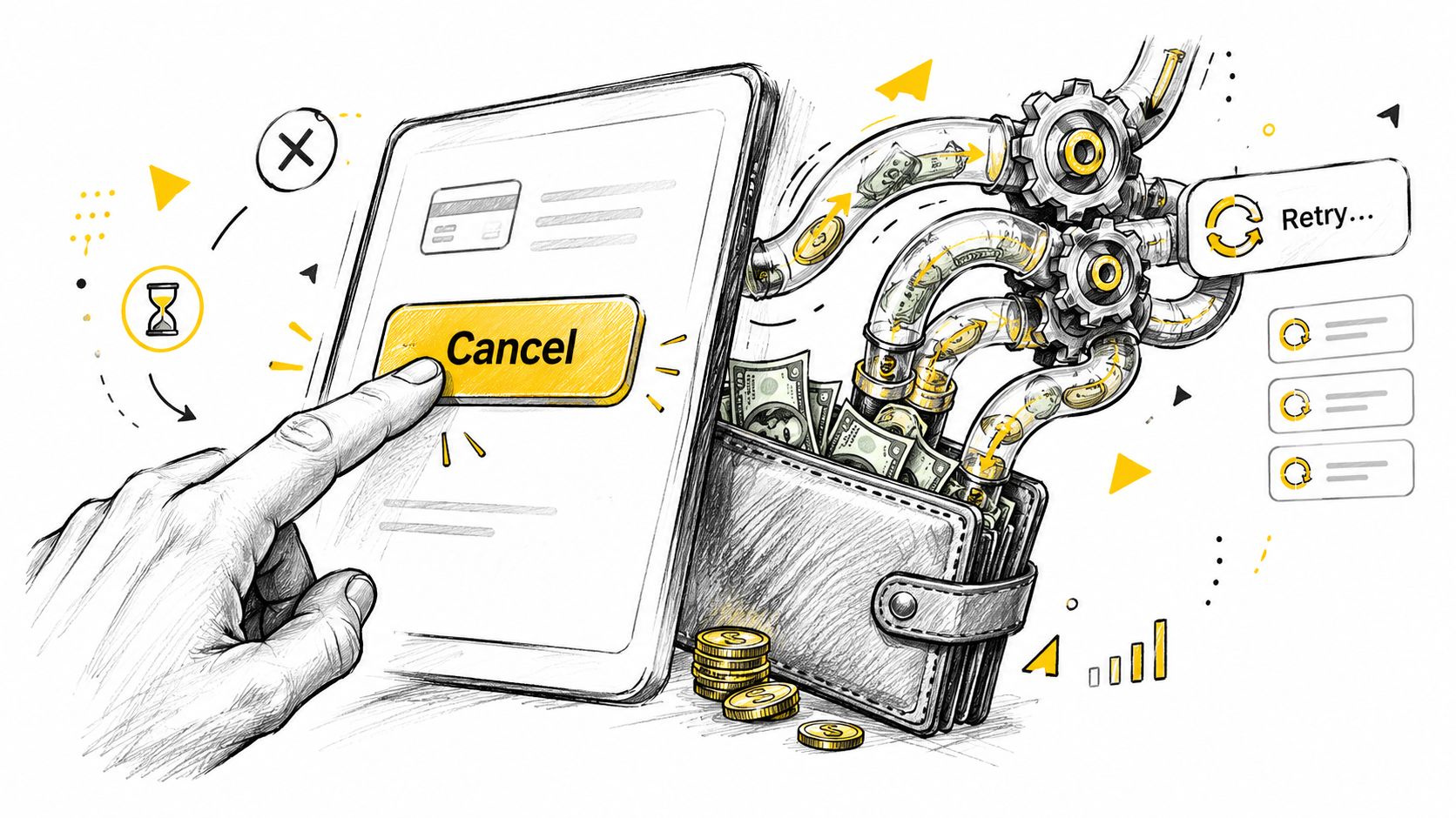 A hand pressing a cancel button on a tablet screen, connected to a wallet transferring money back.