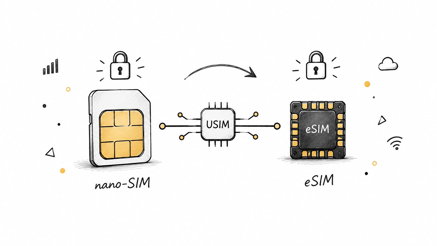 A hand-drawn illustration comparing a physical nano-SIM card and an integrated eSIM chip with security locks.