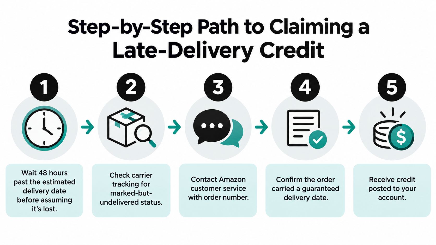 A five-step infographic showing the process for claiming a late delivery credit from Amazon customer service.