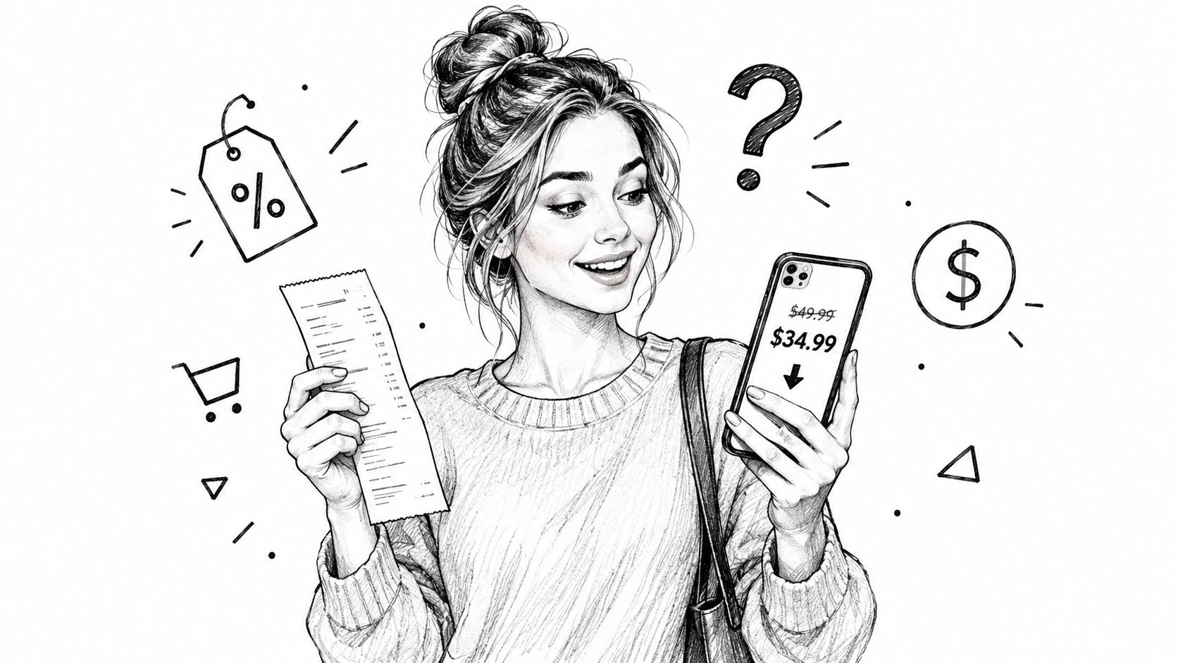 A woman holding a receipt and looking at a phone screen displaying a discounted price comparison.
