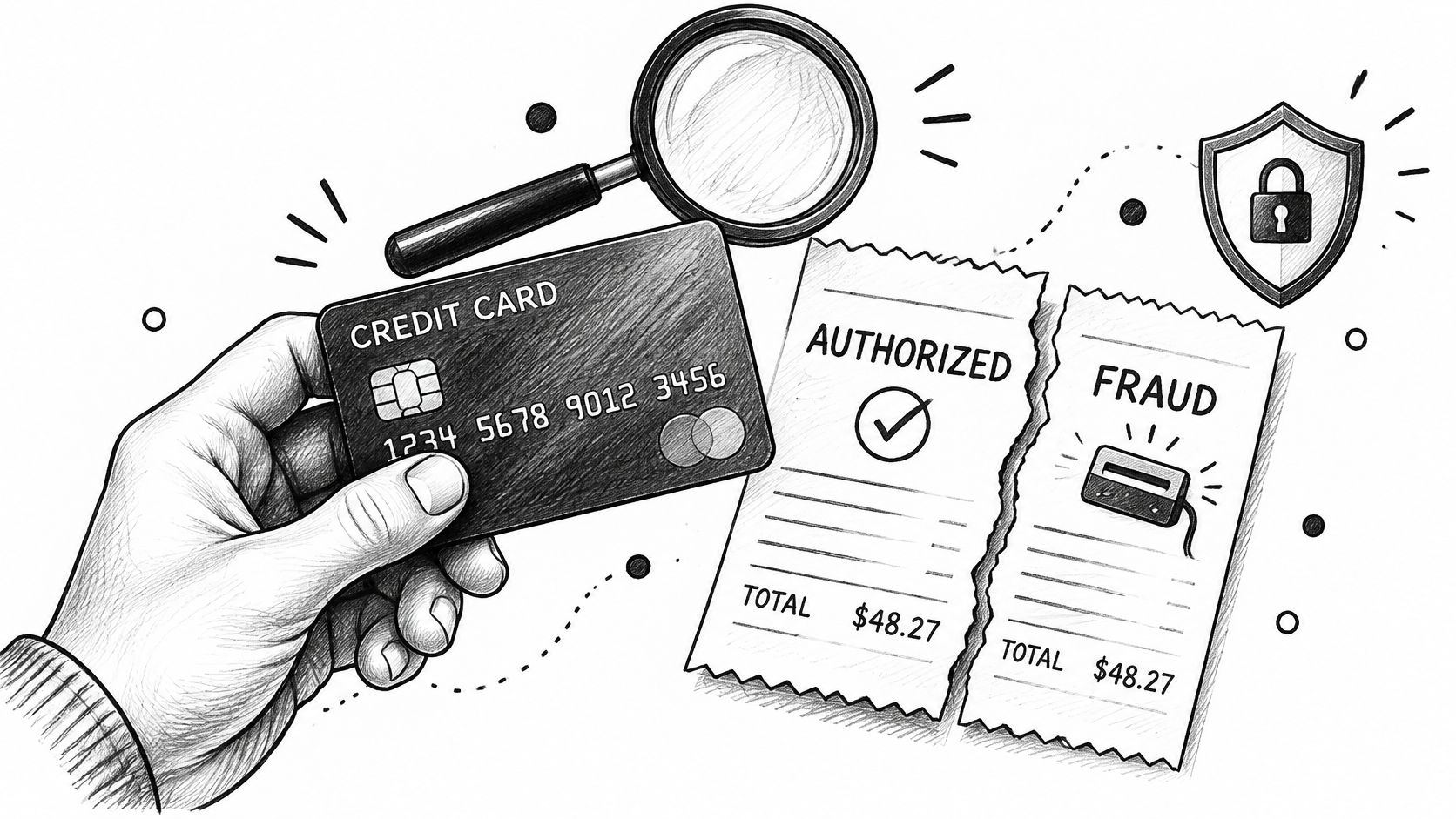 A hand holding a credit card next to a torn receipt showing authorized and fraudulent transaction labels.