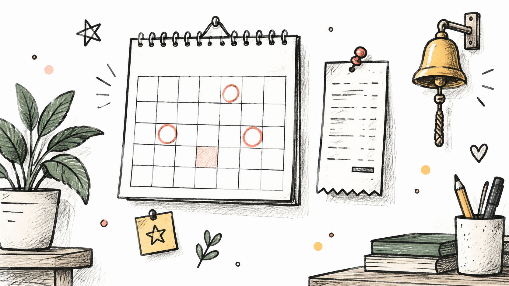 A hand-drawn illustration of a desk workspace featuring a calendar, a plant, a bell, and books.