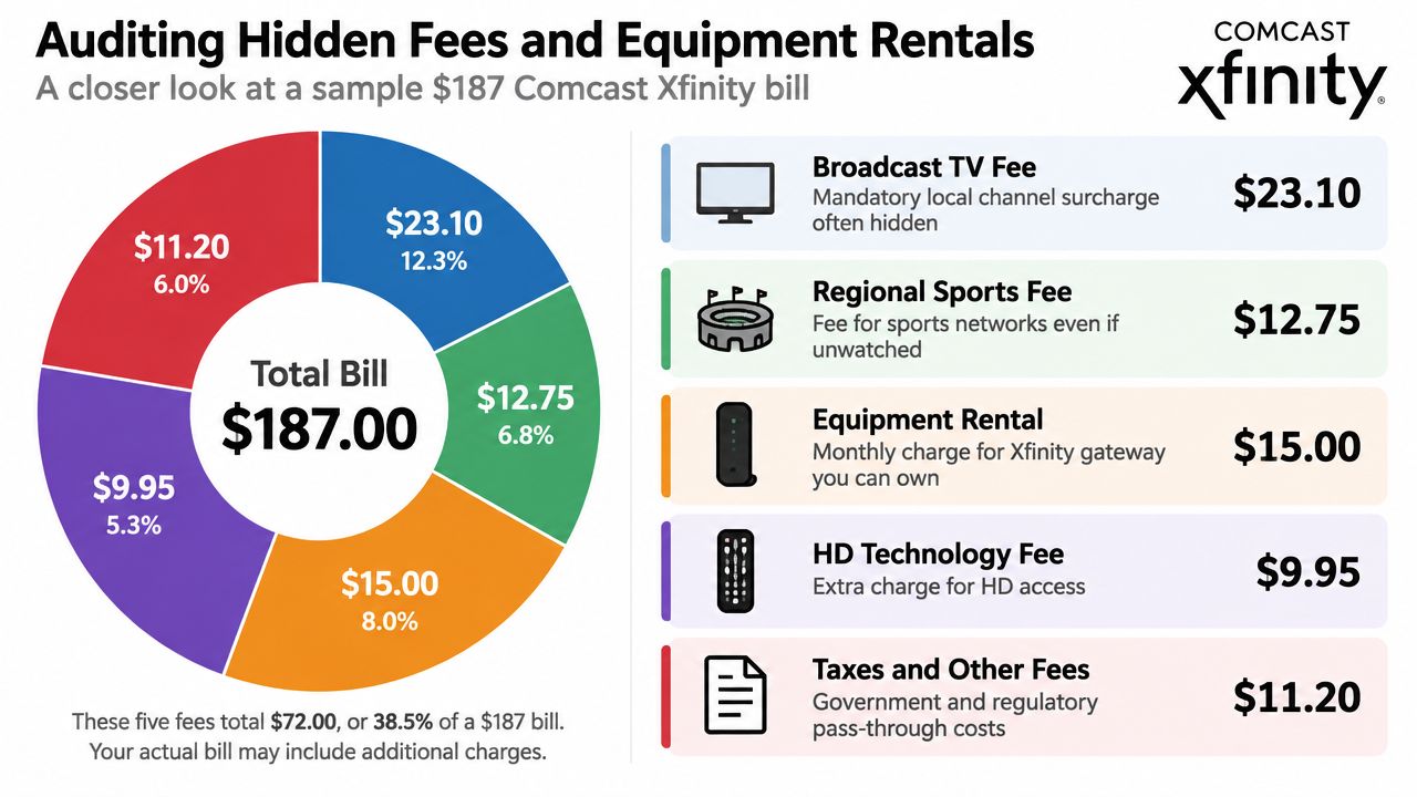 A pie chart breaking down hidden fees and equipment rentals on a $187 Comcast Xfinity cable bill.