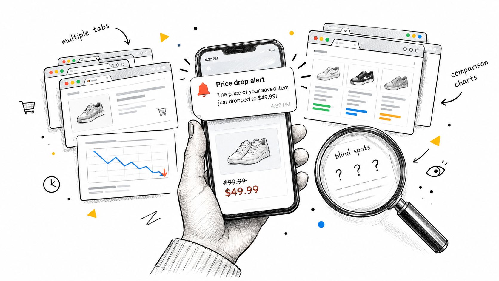 A hand holding a smartphone with a price drop alert notification displayed alongside browser tabs and analytics.