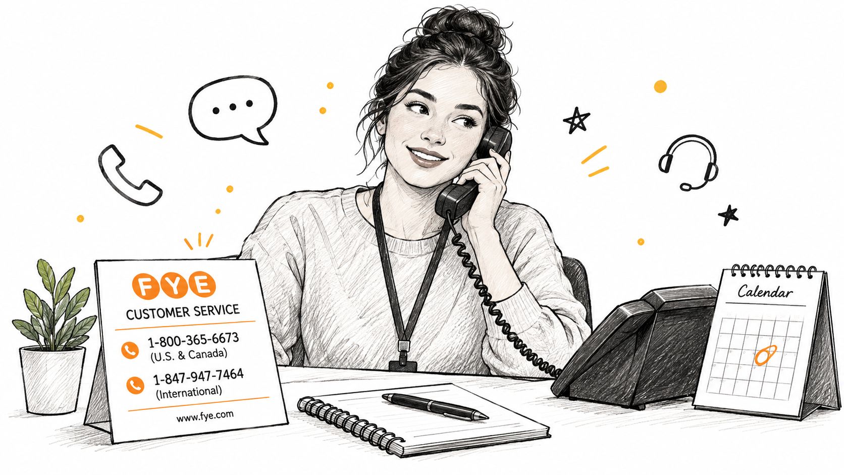 A friendly customer service representative talking on a telephone with contact information for FYE visible on a desk.