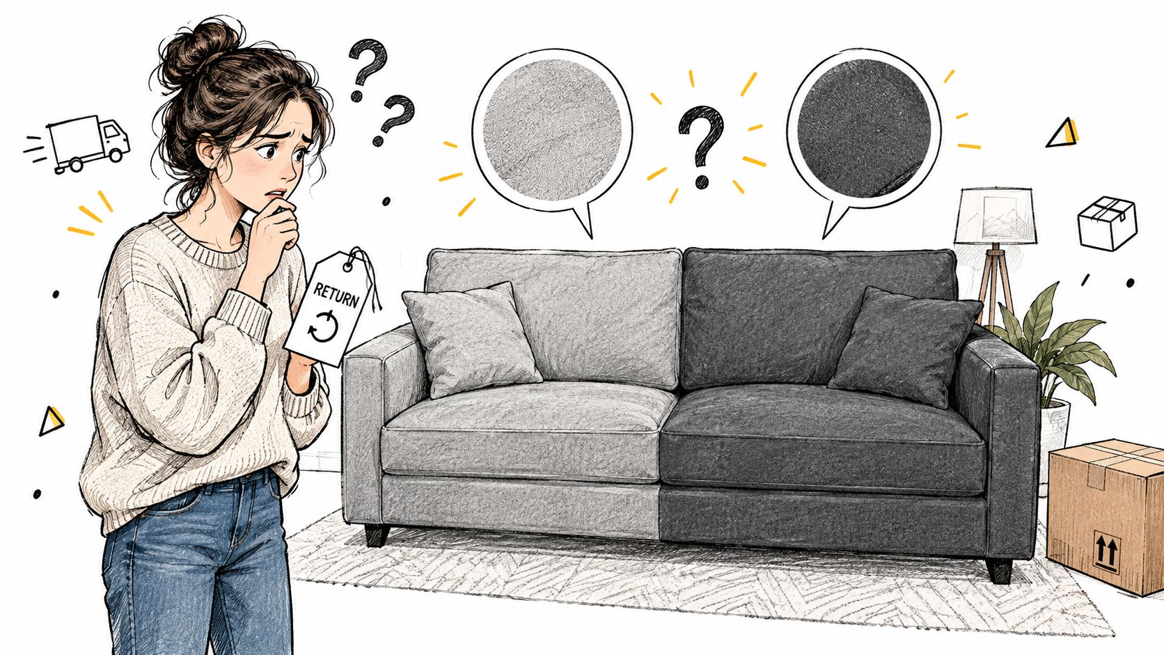 A concerned woman holding a return tag looking at a two-toned grey sofa with confusion.